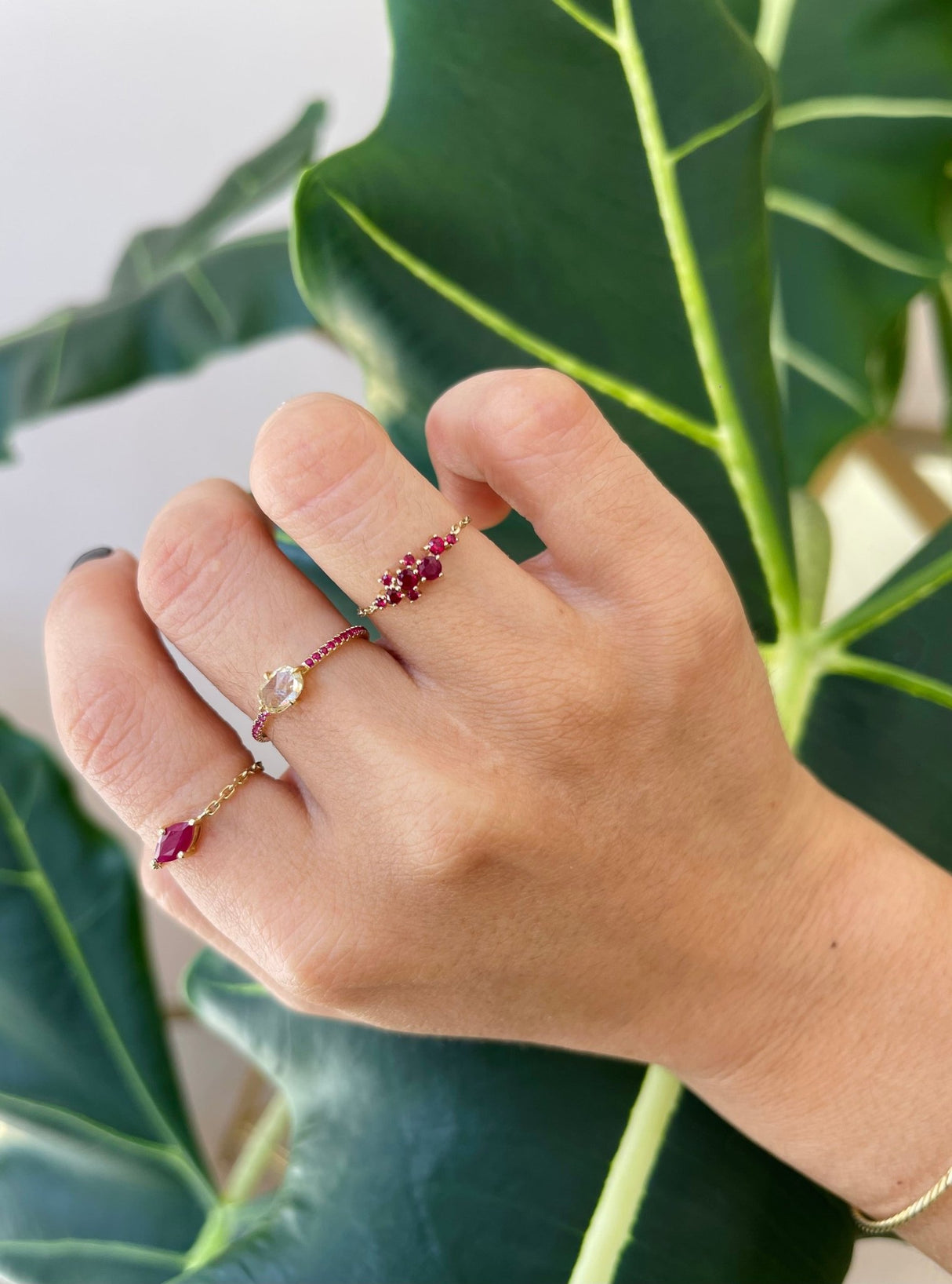 Ruby Cluster Chain Ring 14k gold Stackable ring on model.