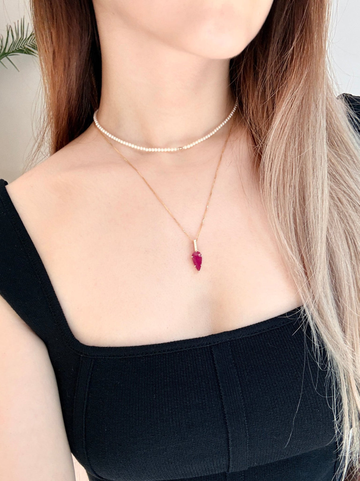 Ruby & Diamond Arrow Supreme Necklace 18k gold Handmade fine jewelry on model.