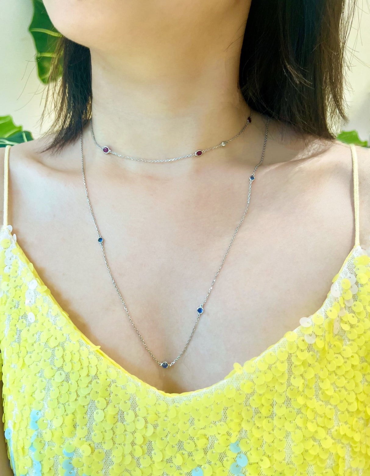 Ruby & Diamond Platinum Candy Choker Necklace 18k gold handmade fine jewelry on model