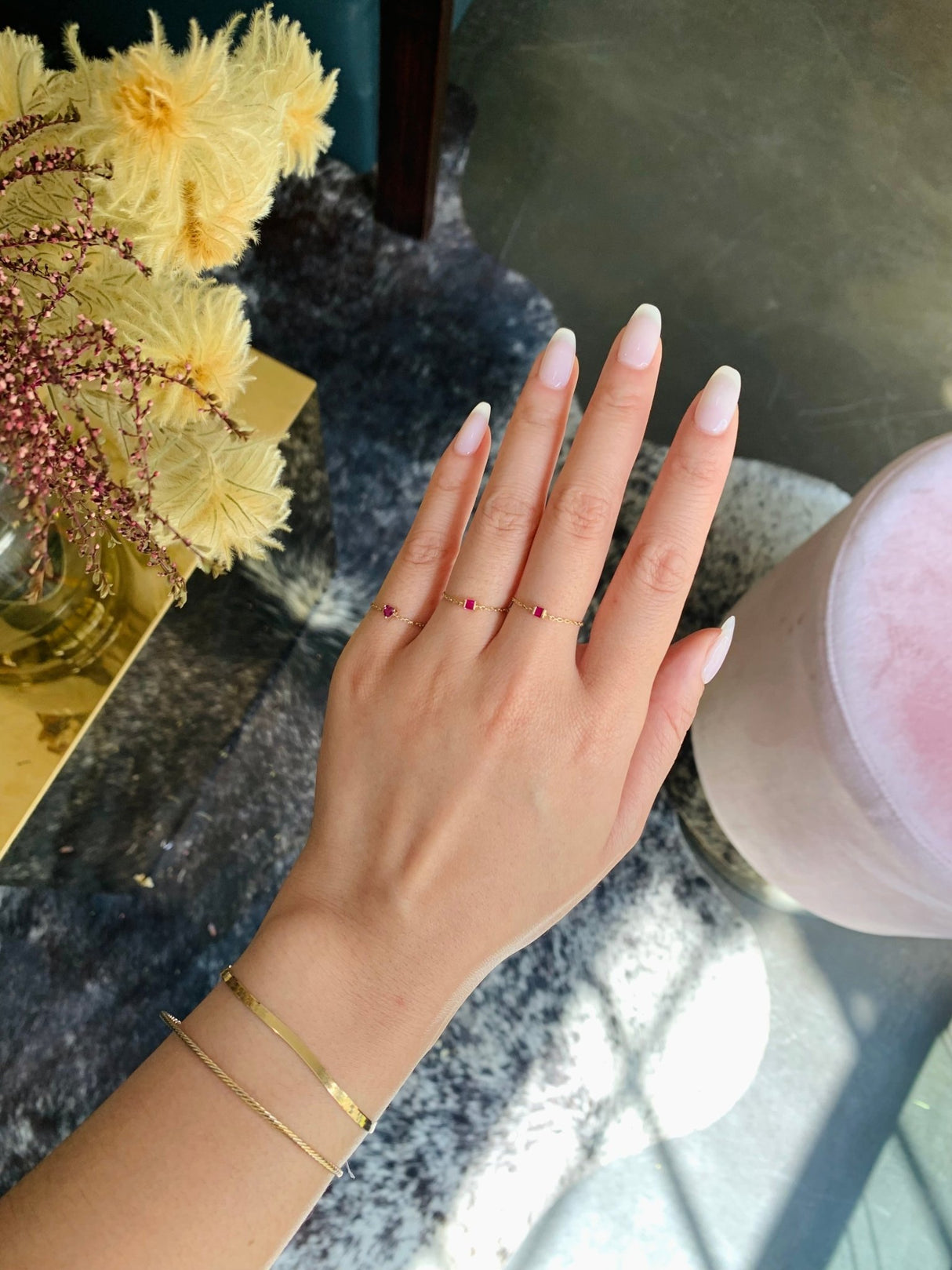 Ruby Petite Chain Ring 14k gold Stackable ring on model