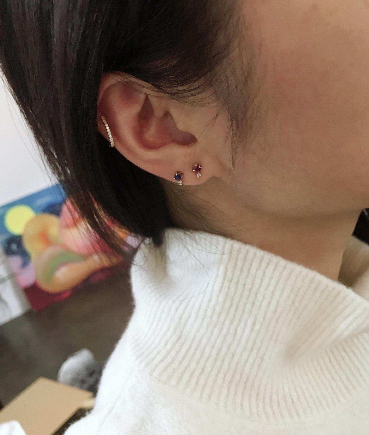 Ruby or Sapphire & Diamond Dot Stud