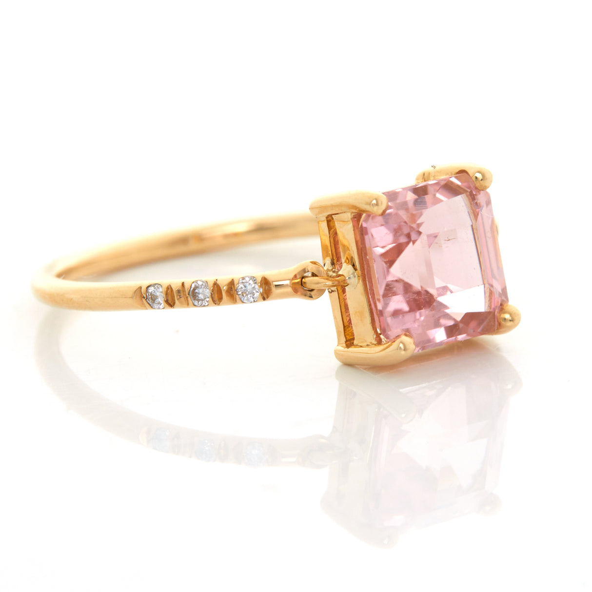 Sakura Pink Tourmaline Petite Circle Diamond Ring 18k gold stackable ring side view 2