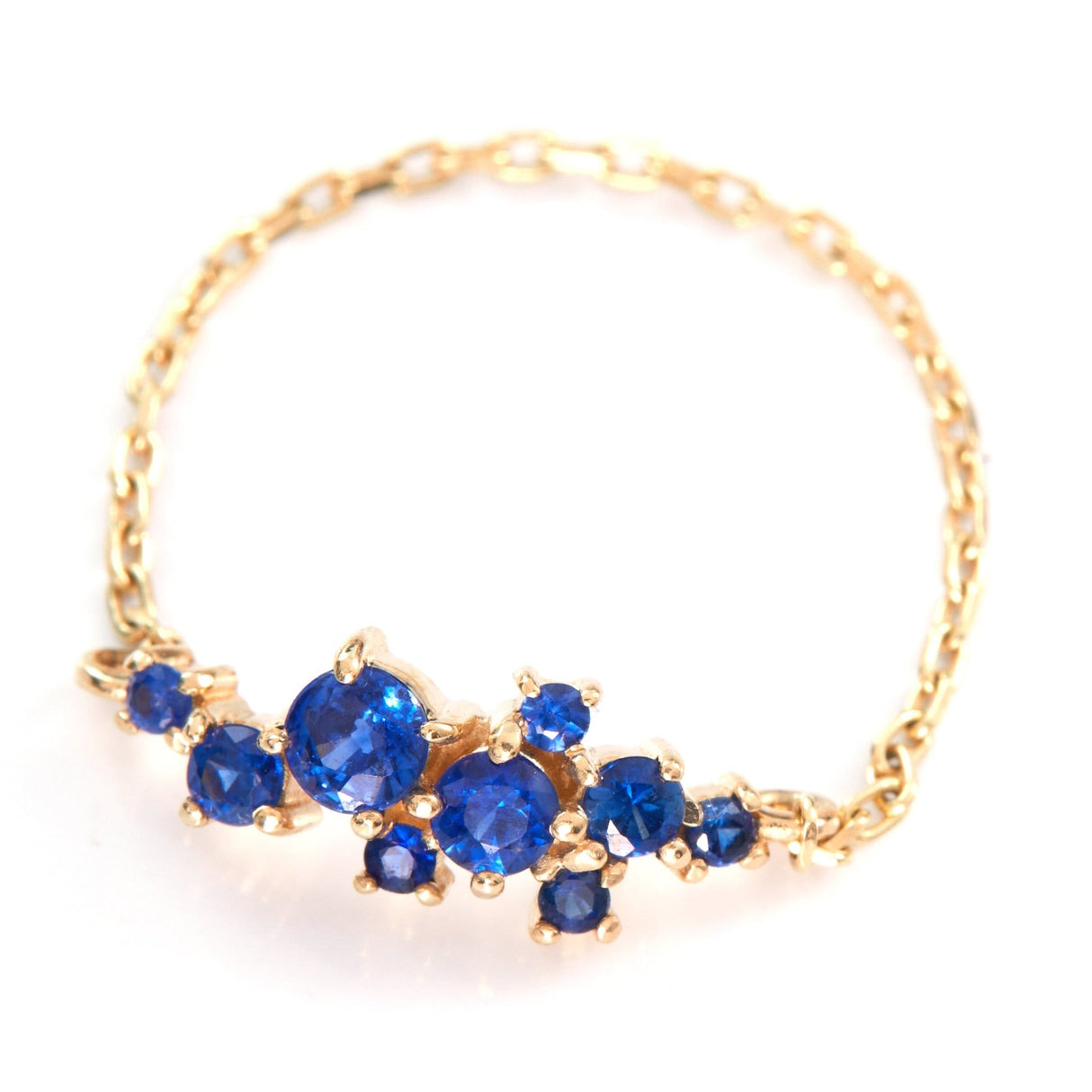 Sapphire Cluster Chain Ring 14k gold Stackable ring side view