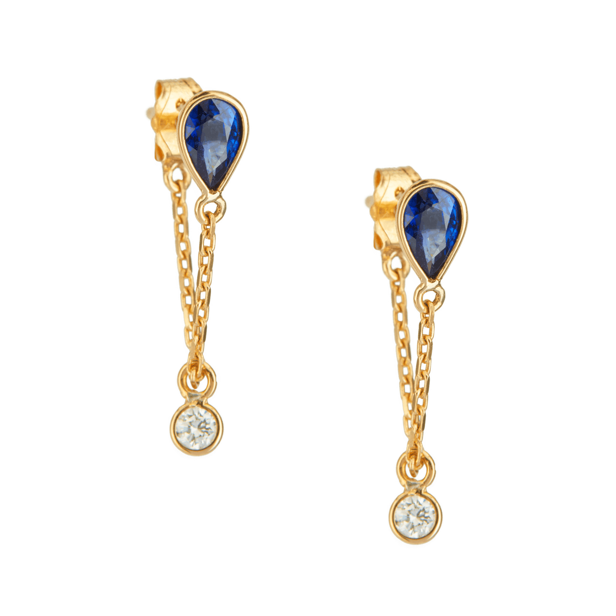 Sapphire & Diamond Chain Earrings 18K Gold Handmade Fine Jewelry