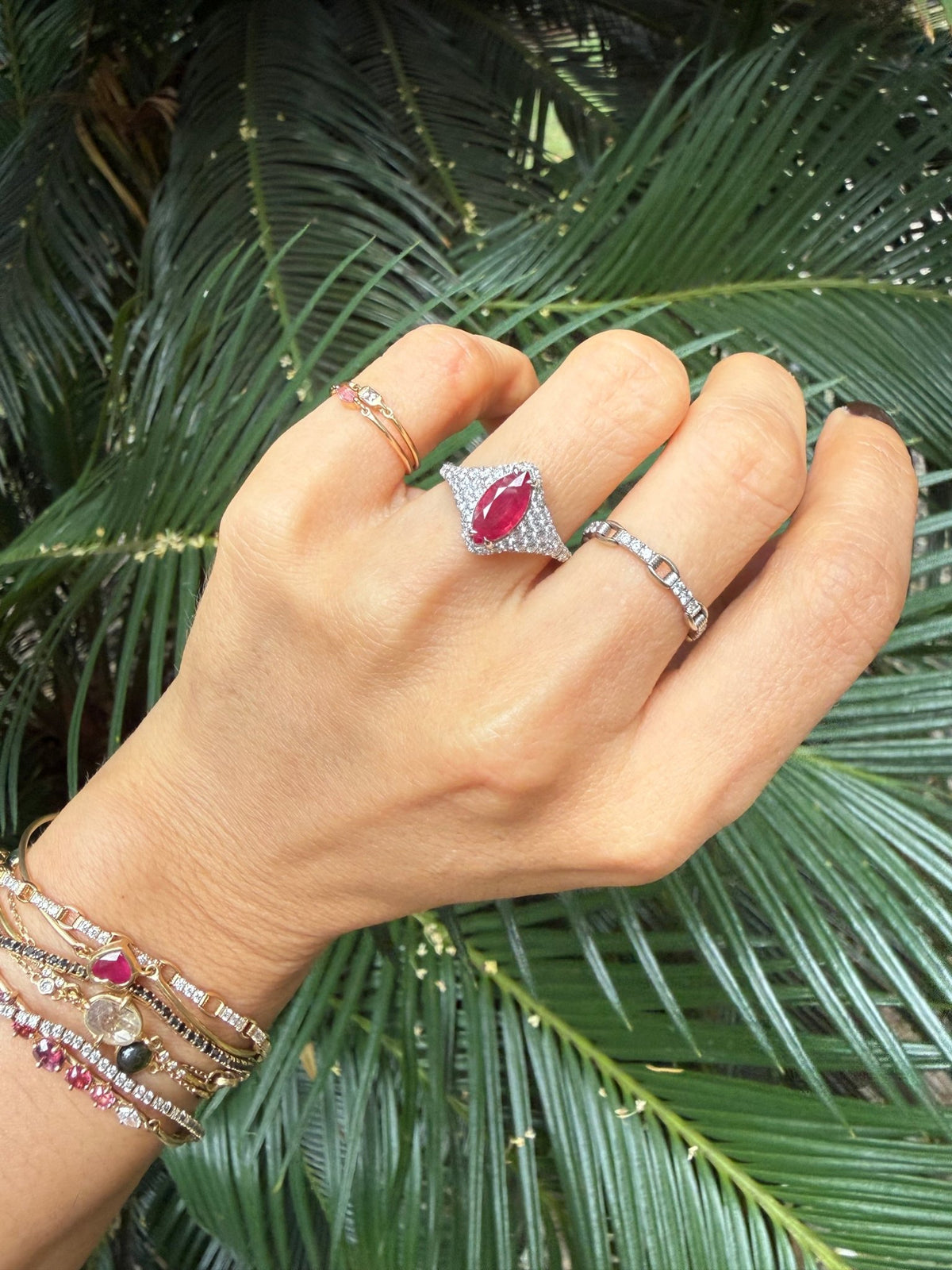 Siam Ruby & Diamond Apex Ring 18K WG Engagement Ring on model 1