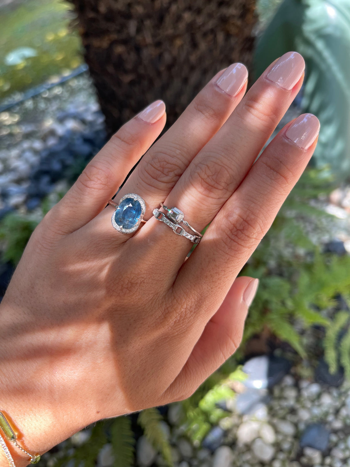 Siam Sapphire & Diamond Aurora Ring pt900 engagement ring on model