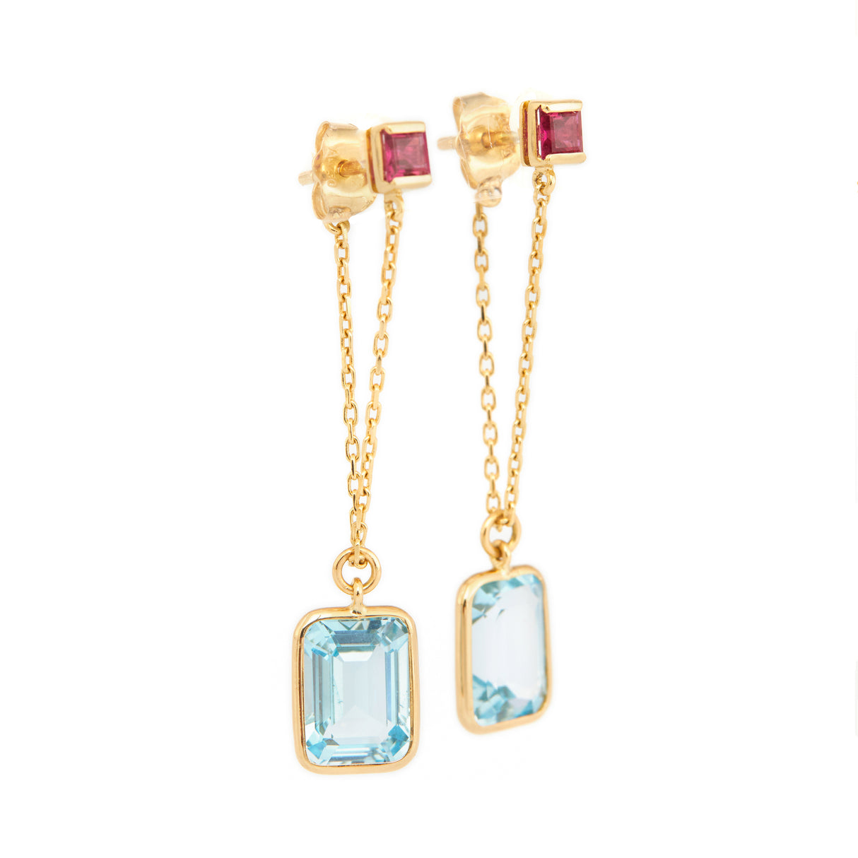 Sky Blue Topaz & Ruby Chain Earrings