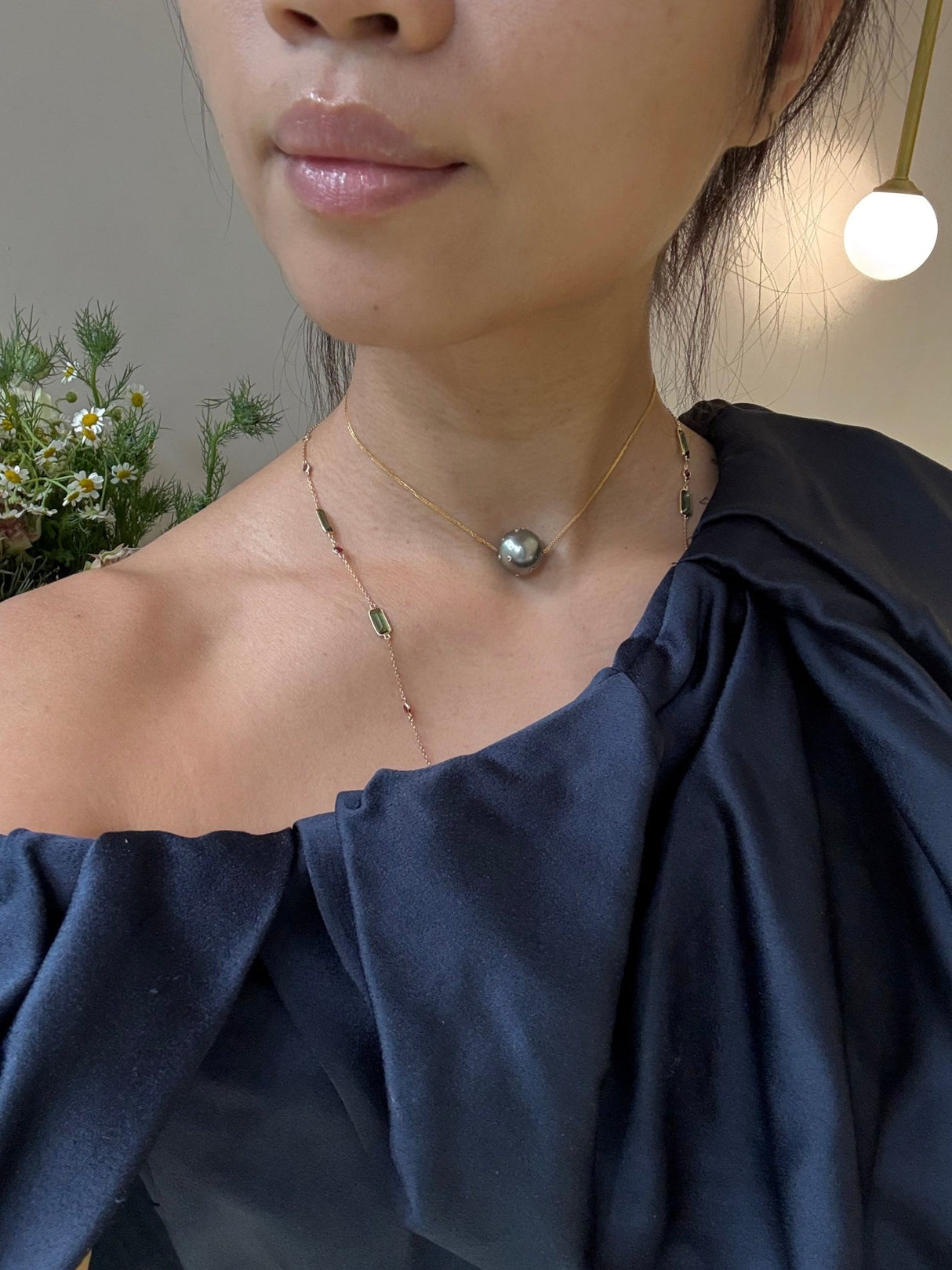 Tahitian Black Pearl & Diamond Constellation Necklace 18k gold handmade fine jewelry on model 2