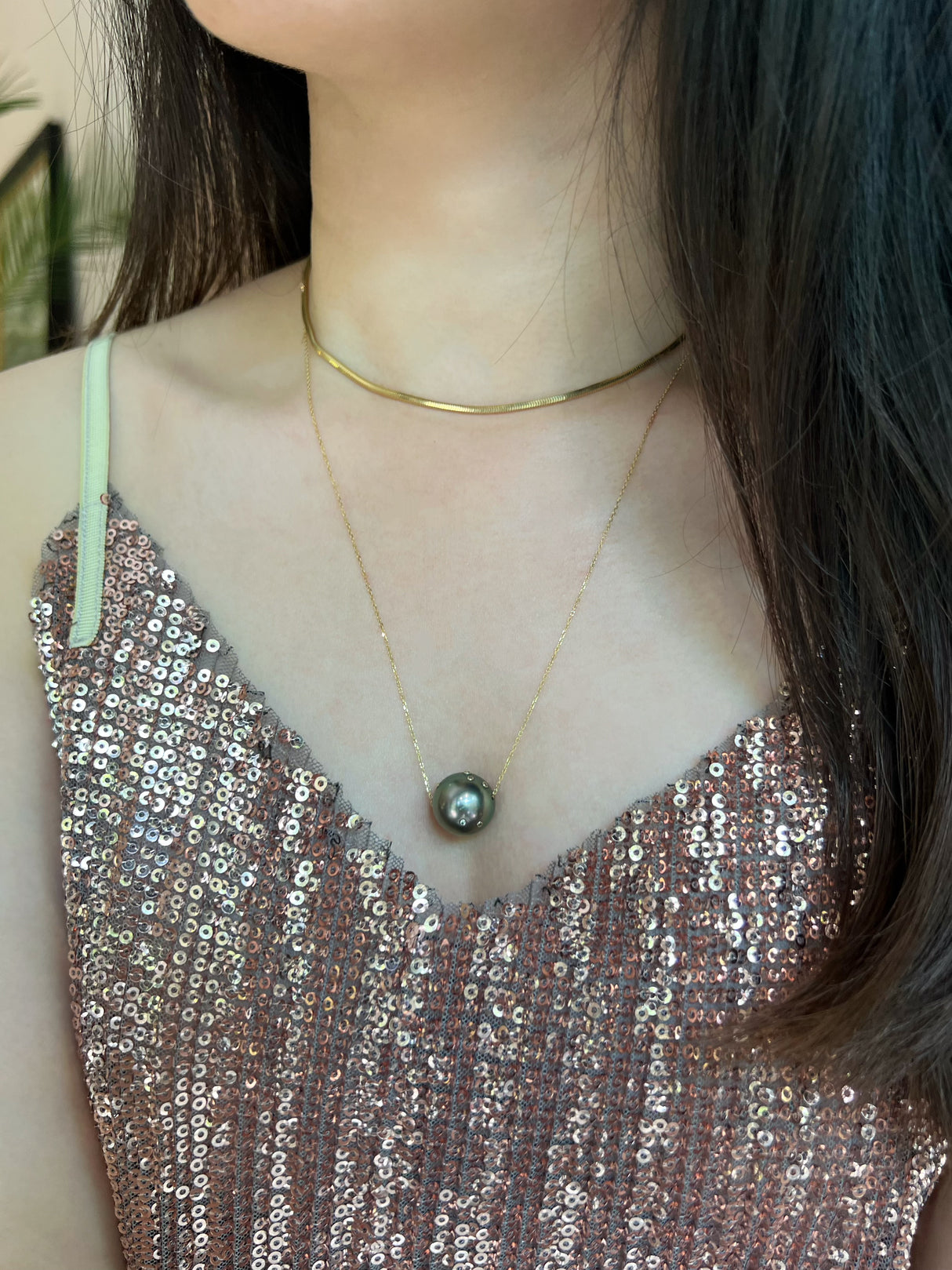 Tahitian Black Pearl & Diamond Constellation Necklace 18k gold handmade fine jewelry on model 3