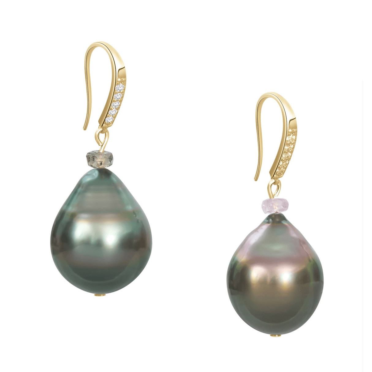 Tahitian Pearl & Sapphire Earrings 18K Gold Handmade Fine Jewelry