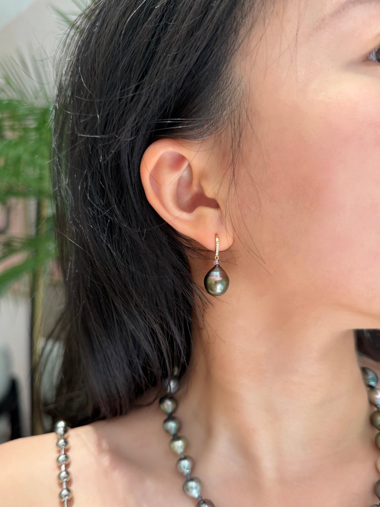 Tahitian Pearl & Sapphire Earrings 18K Gold stackable design on model