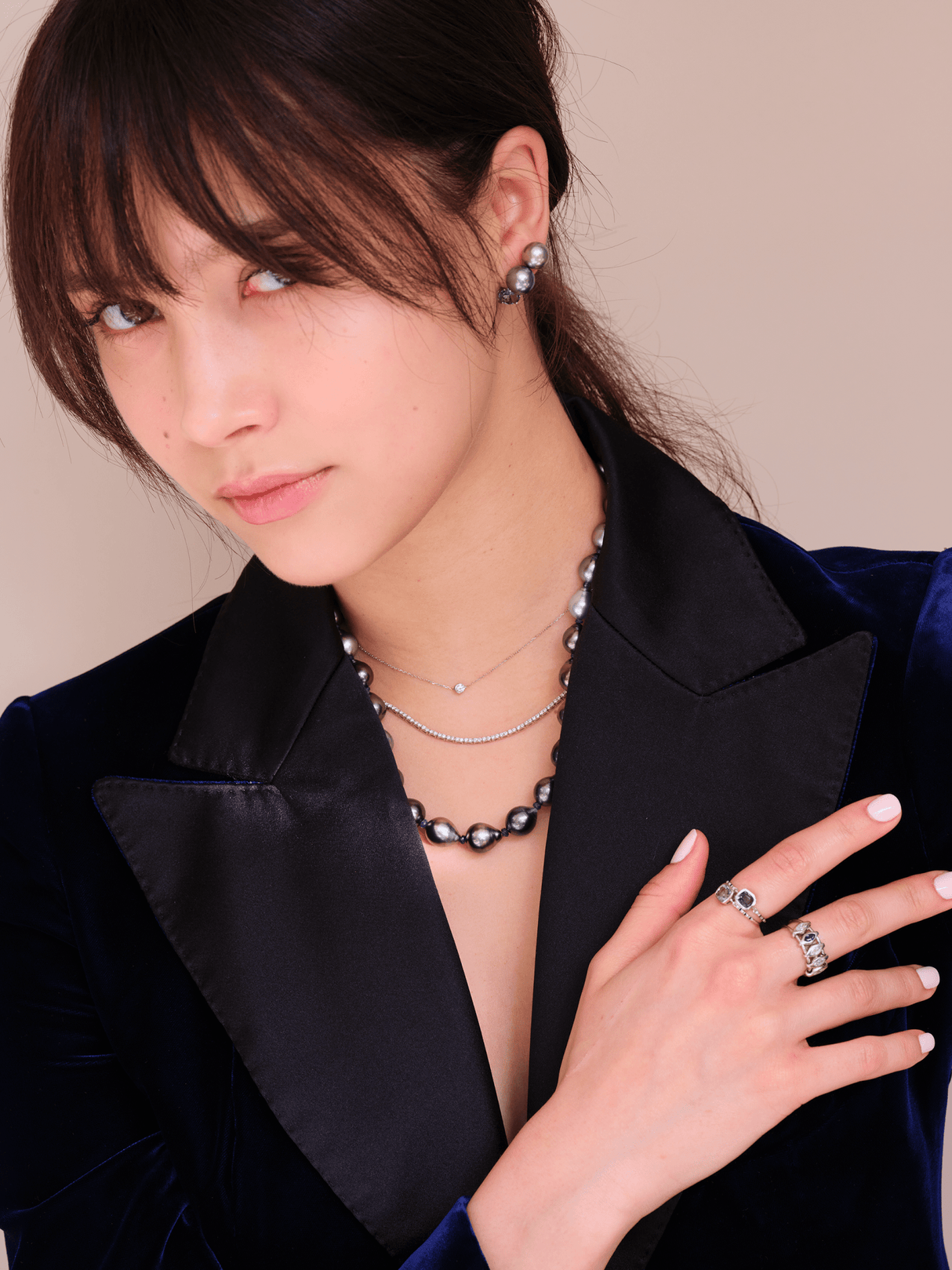 Tahitian Pearl & Sapphire Necklace 18K Gold Handmade Fine Jewelry on model-1