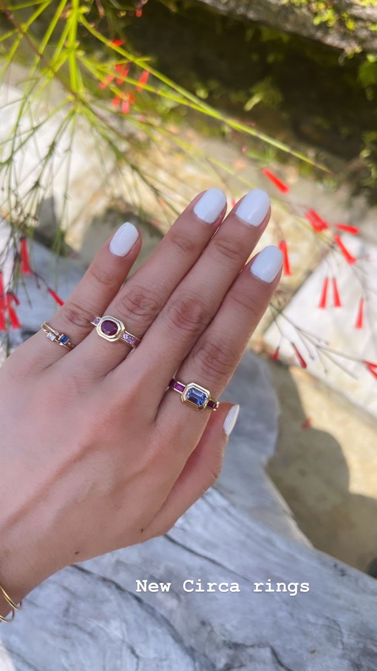 Tanzanite & Ruby Circa Ring 18k gold Stackable ring on model