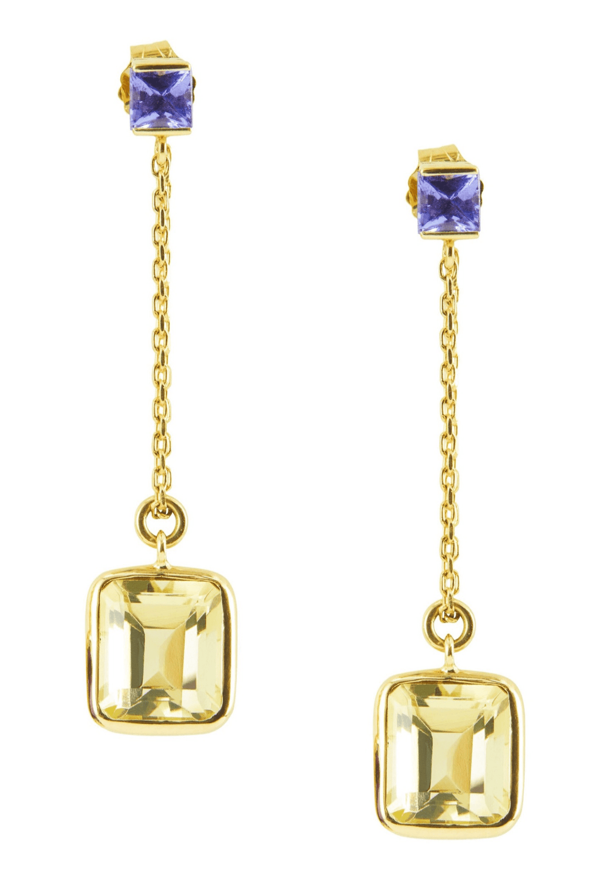 Tanzanite & Lemon Quartz Earrings 18K Gold Handmade Fine Jewelry