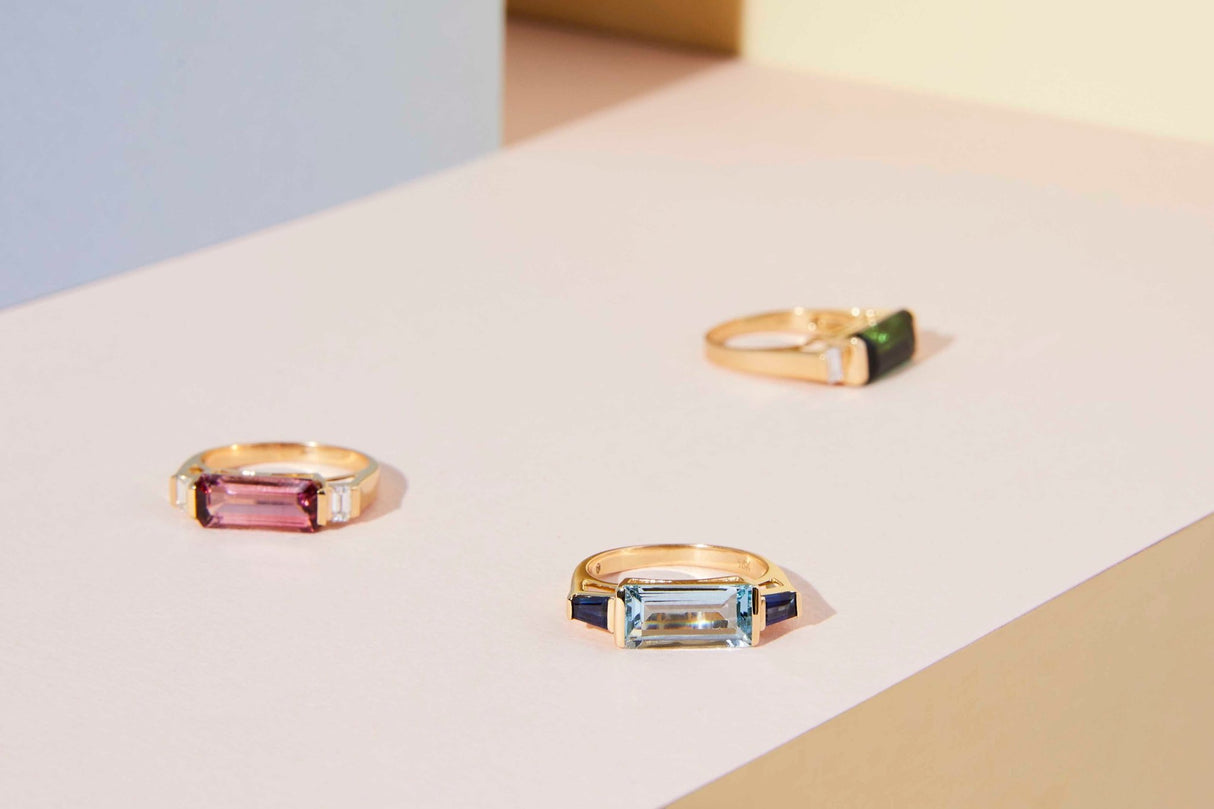 Aquamarine & Sapphire East West Bar Ring