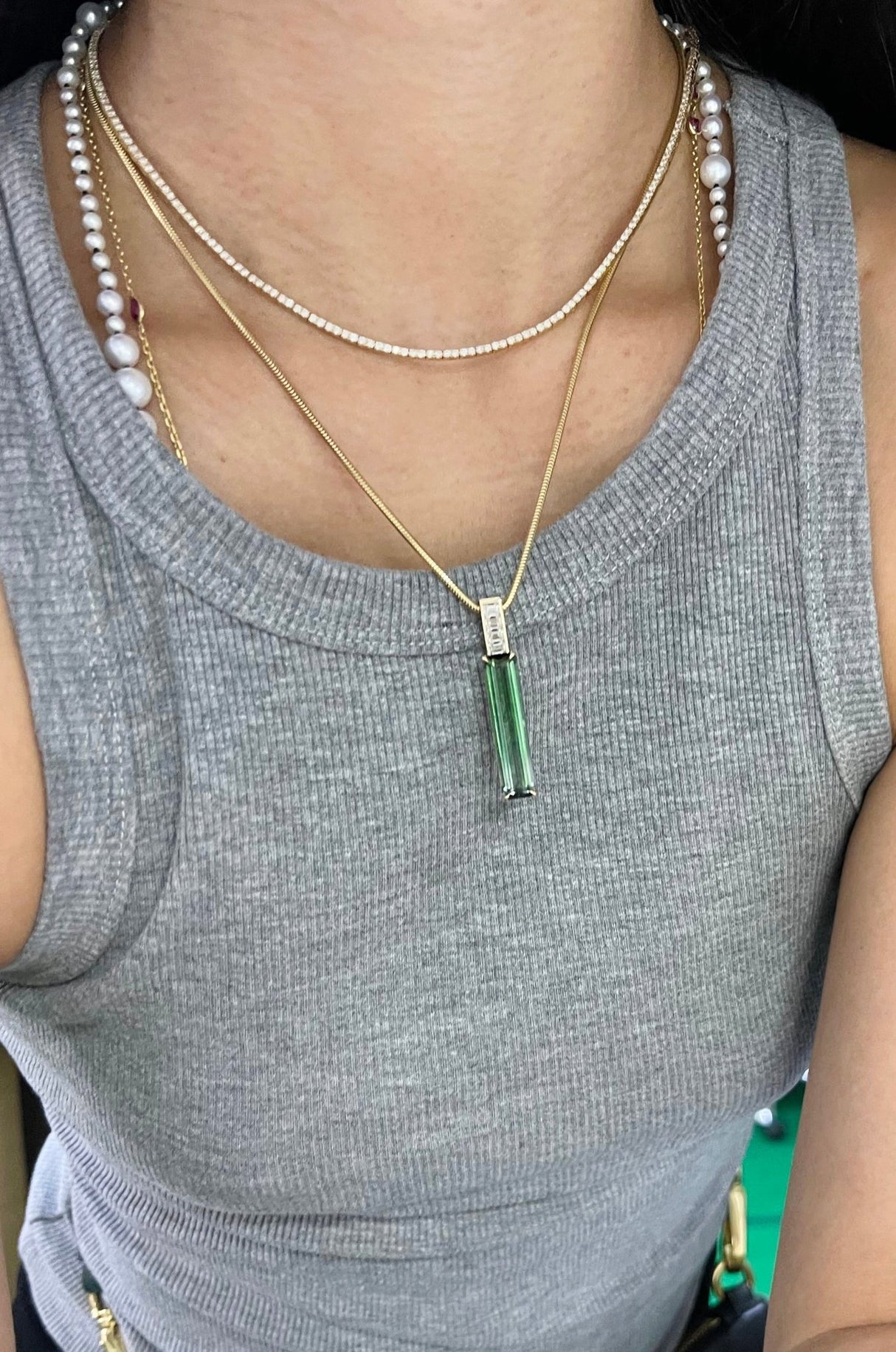 Tourmaline & Diamond Deco Bar Pendant Necklace 18k gold handmade fine jewelry on model
