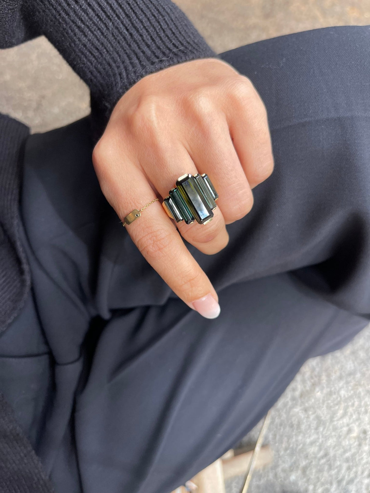 Tourmaline Rhythm Supreme Ring 18k gold engagement ring on model