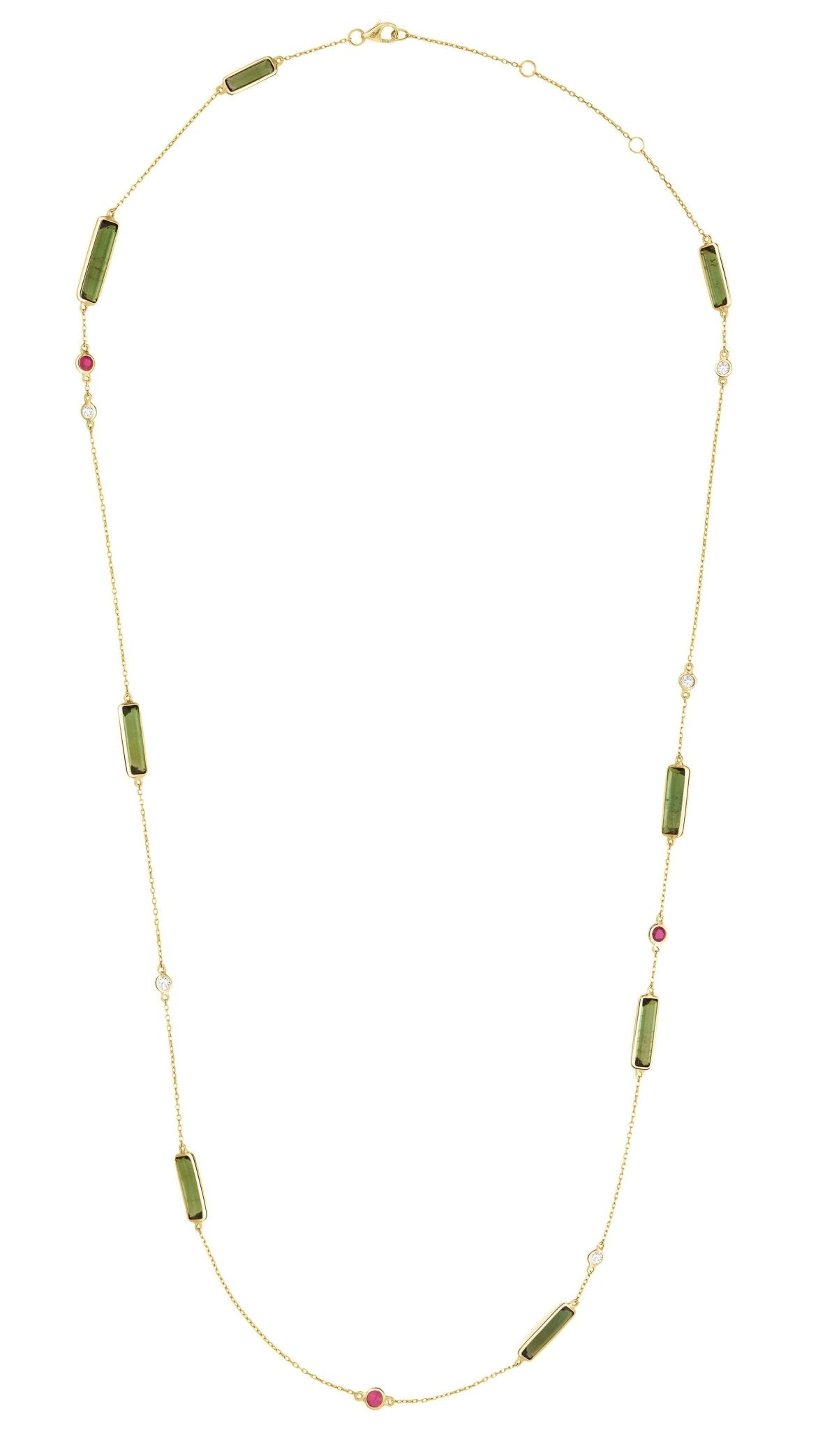 Necklace with green tourmaline ruby and diamond on a white background