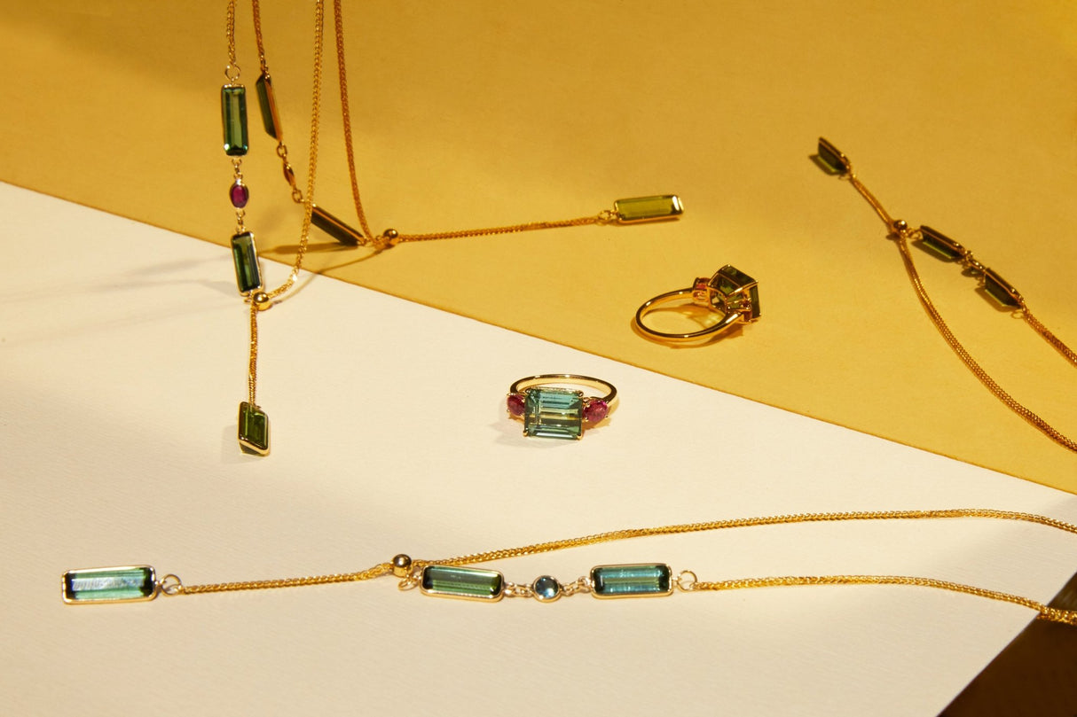 Tourmaline & Ruby Lasso Bar Necklace 18k gold handmade fine jewelry 2
