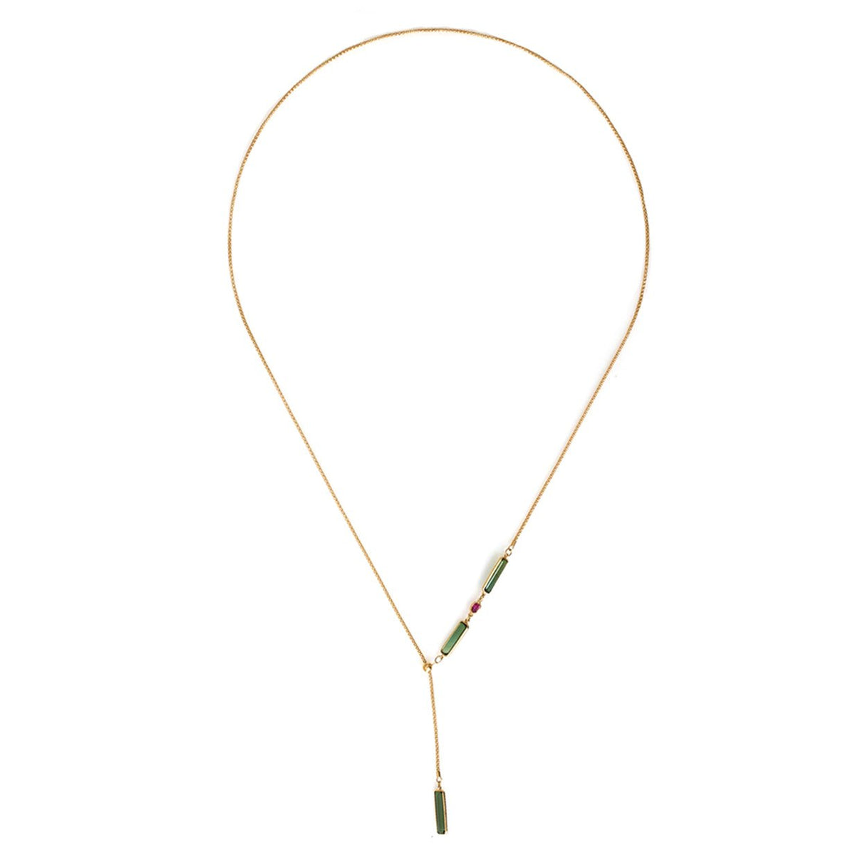 Tourmaline & Ruby Lasso Bar Necklace 18k gold handmade fine jewelry 4