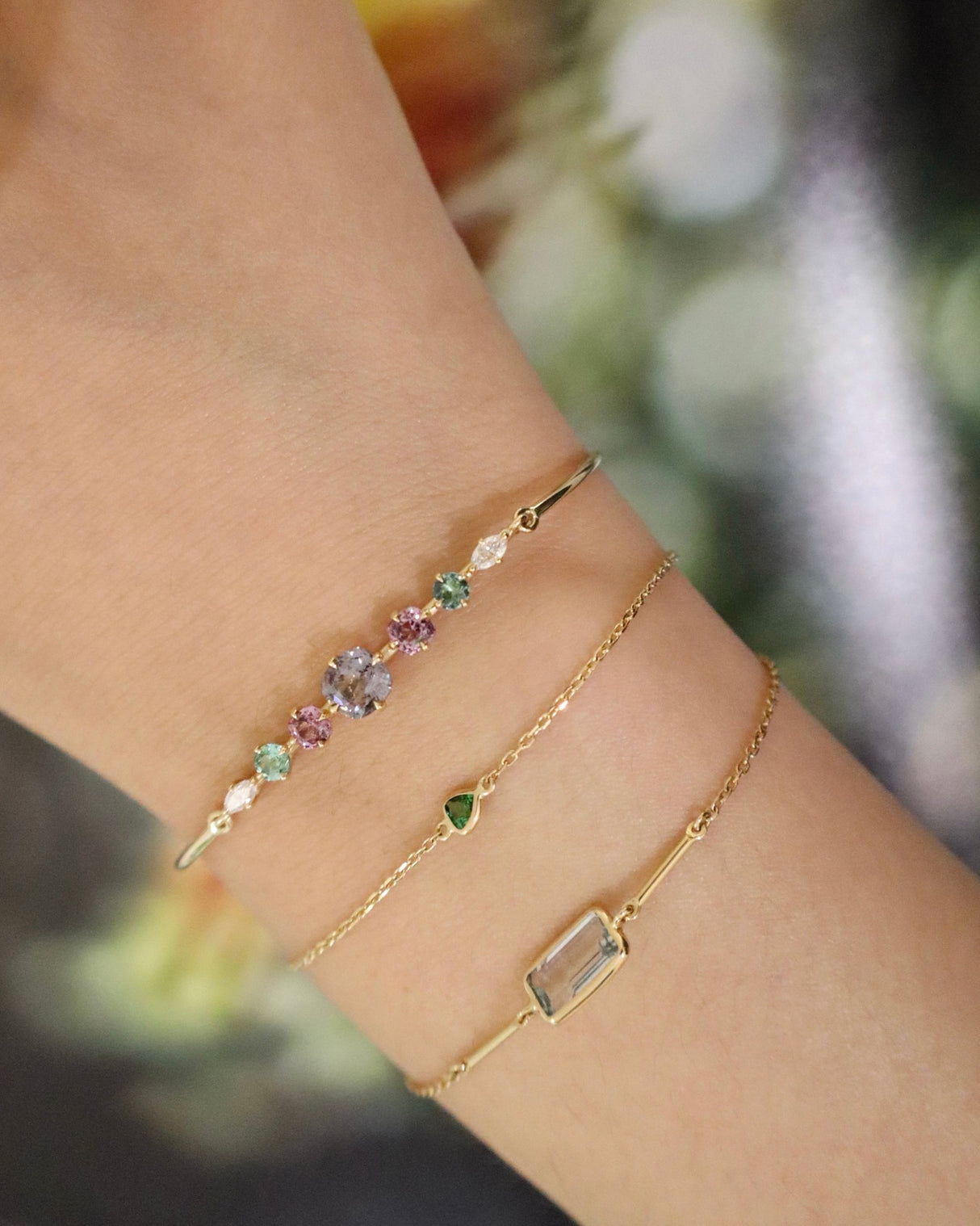 Tourmaline,Spinel & Diamond Compass Bangle 18k gold Stackable design on model 2