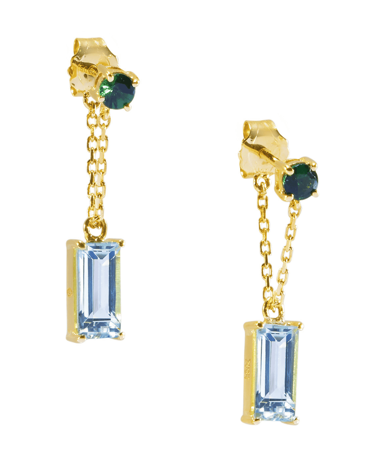 Tsavorite & Aquamarine Chain Earrings 18K Gold Handmade Fine Jewelry