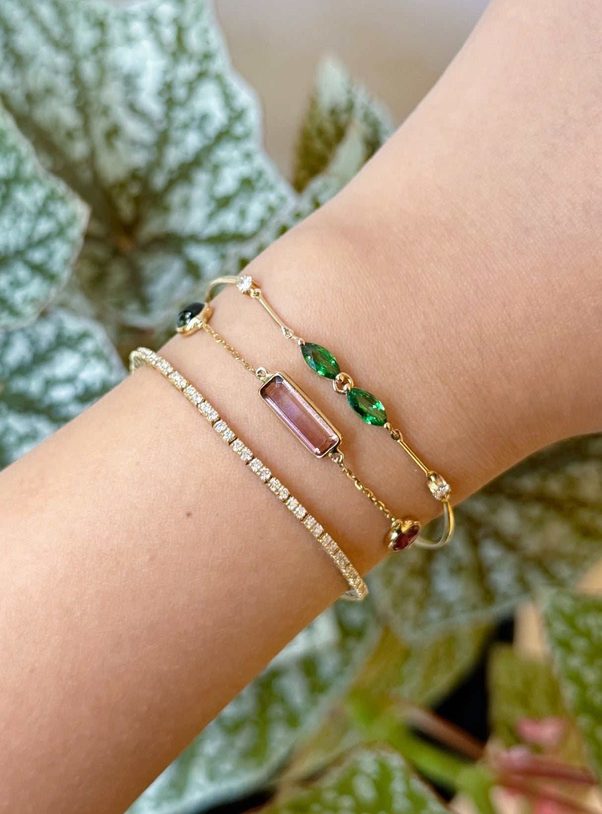 Tsavorite & Diamond Duo Bracelet 18k gold Stackable design on model