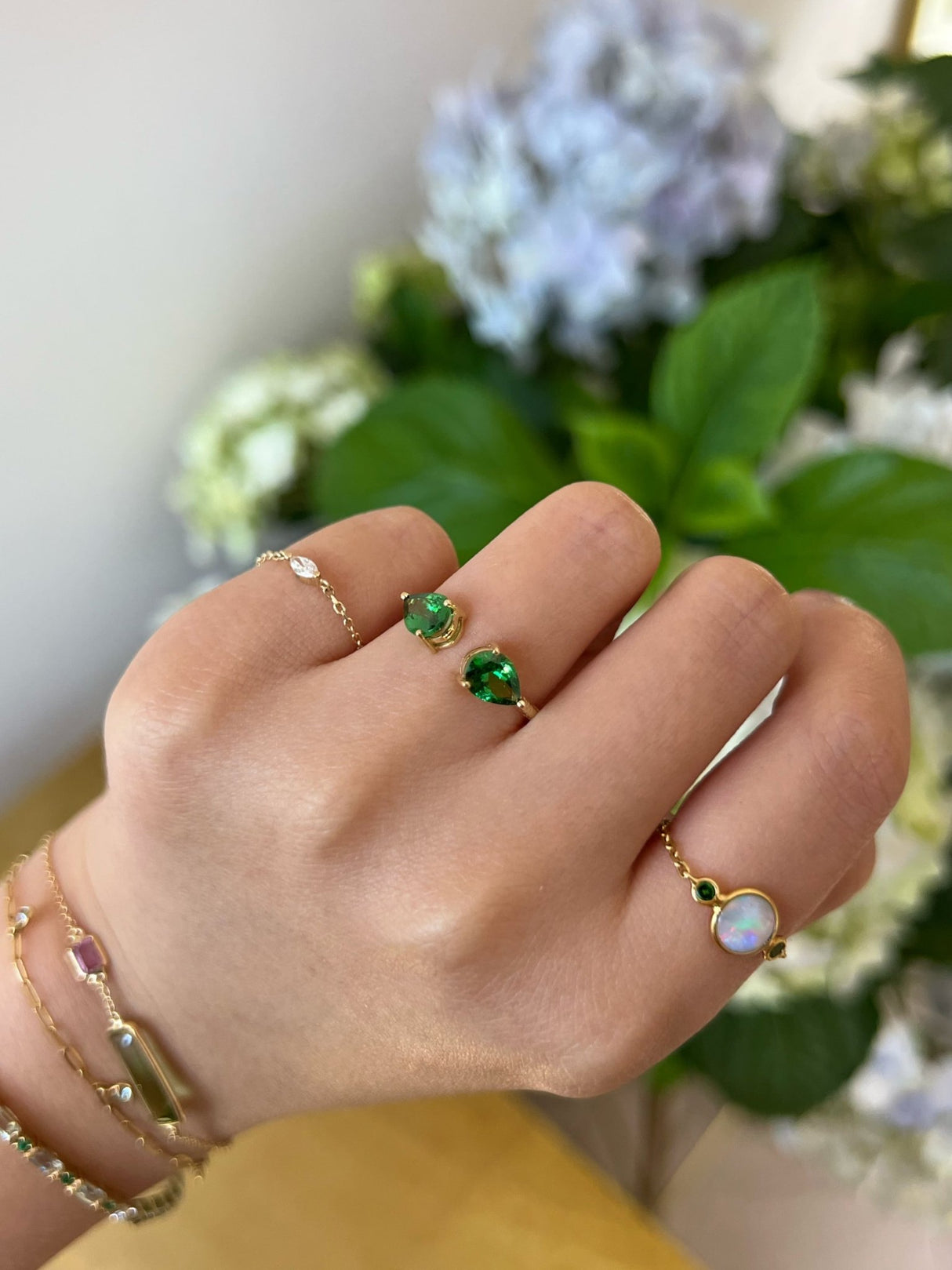 Tsavorite Open Ring 18k gold Stackable ring on model