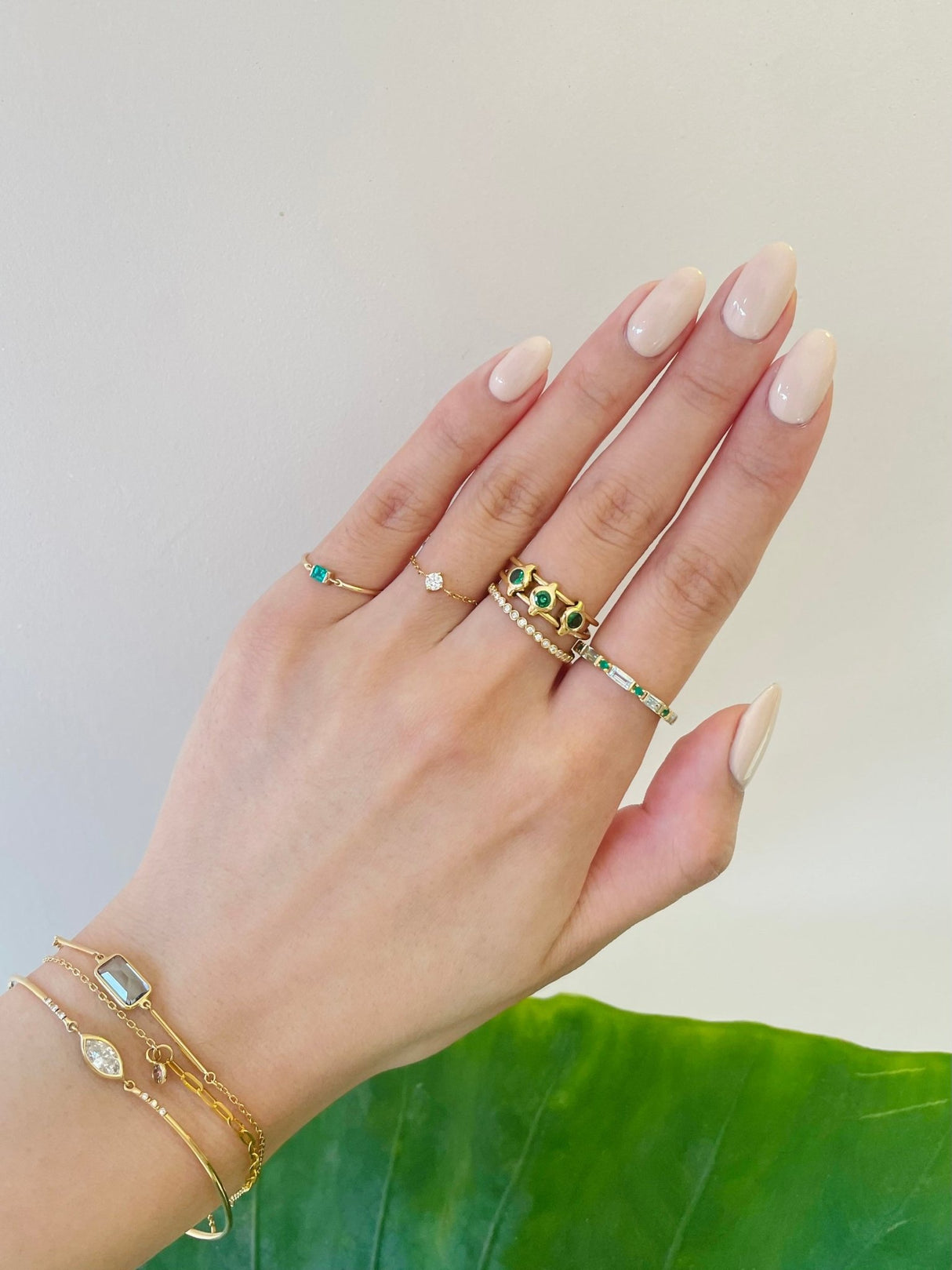 Tsavorite Orbit Ring 18k gold stackable ring on model 2