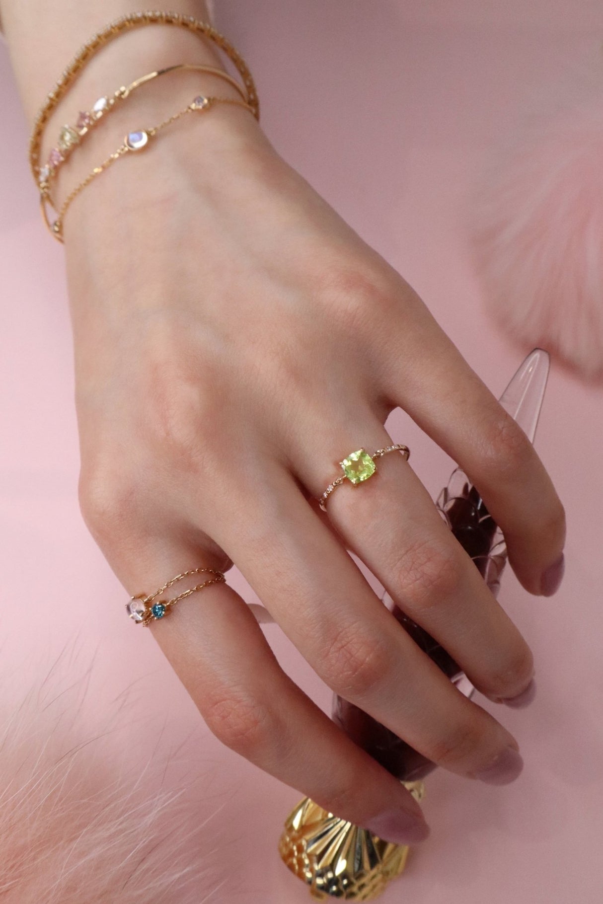 Vivid Yellow Chrysoberyl Cushion Petite Circle Diamond Ring 18K Stackable ring on model