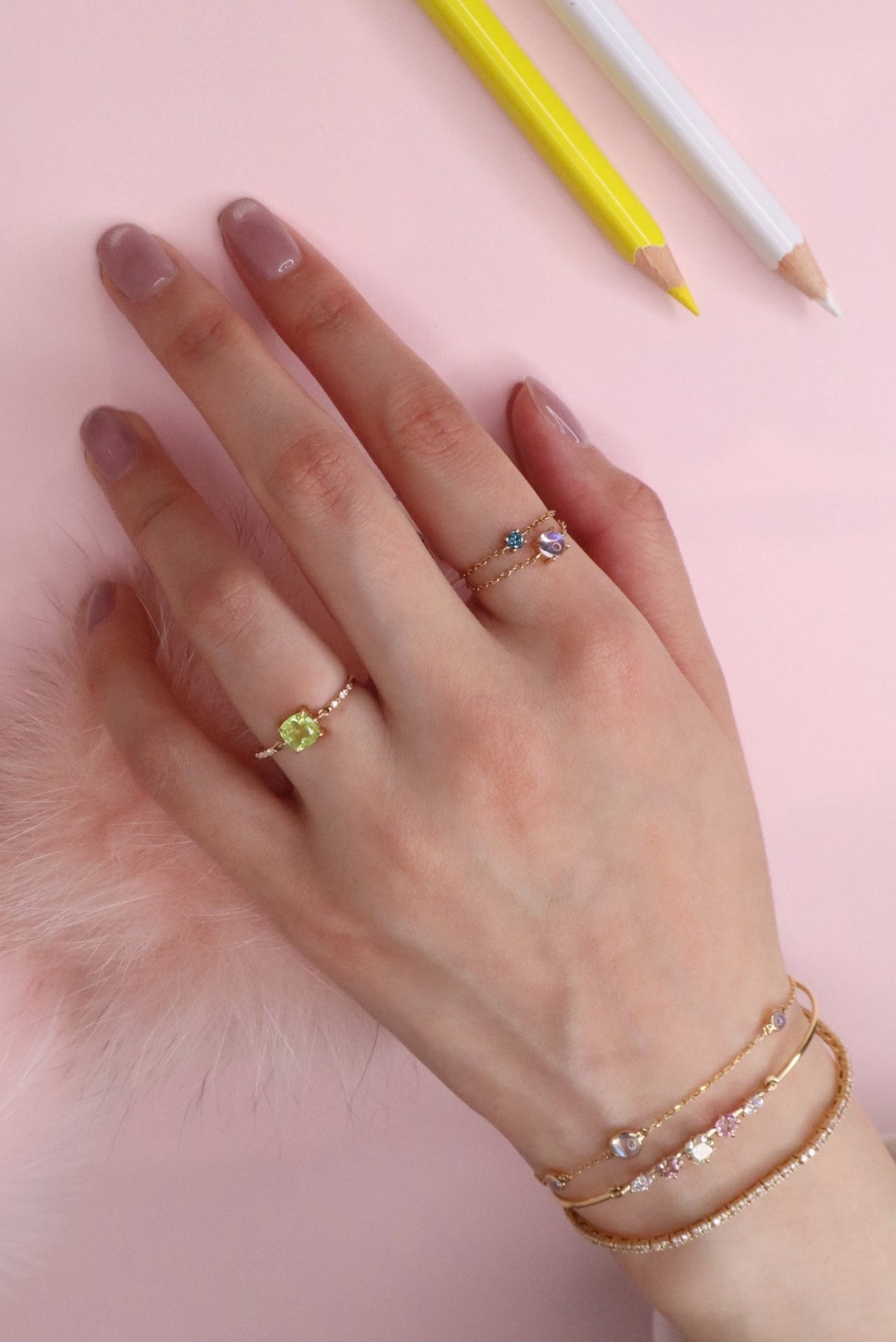 Vivid Yellow Chrysoberyl Cushion Petite Circle Diamond Ring 18K Stackable ring on model 1