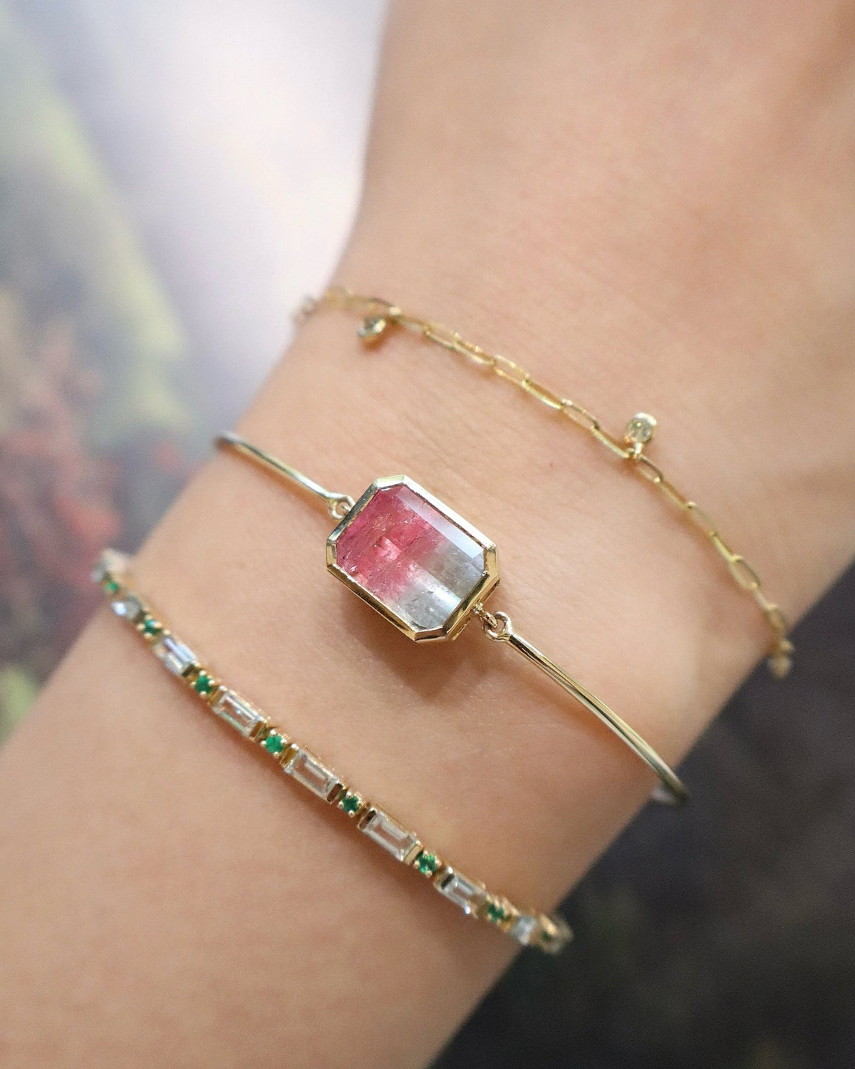 Watermelon_Tourmaline_Bangle_18K_gold_stackable_design_on_model_2