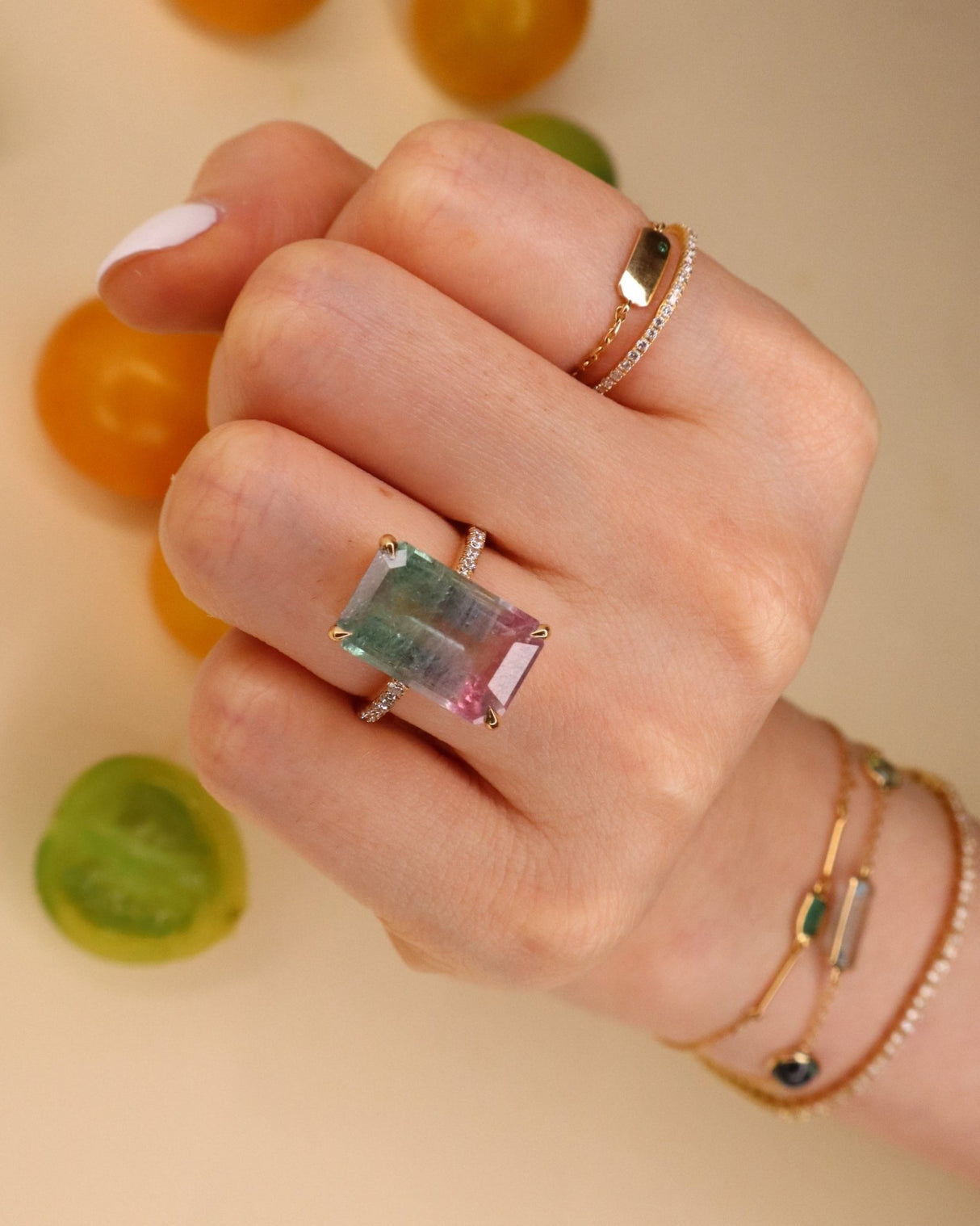 Watermelon Tourmaline Bar Protection Ring 18K engagement ring on model