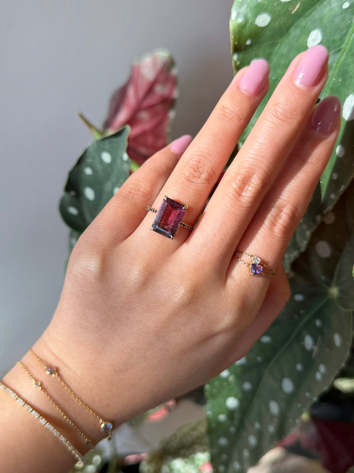 Watermelon Tourmaline & Black Diamond Protection Ring 18K gold engagement ring on model