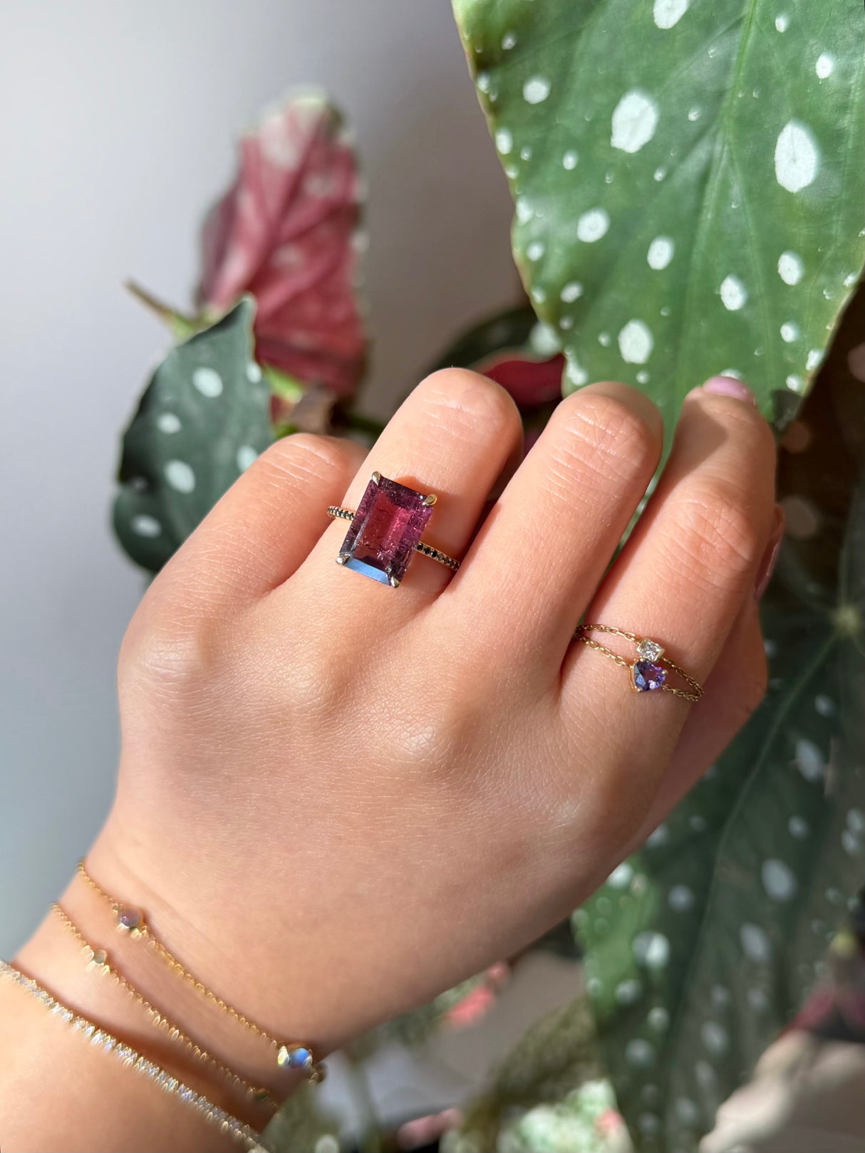 Watermelon Tourmaline & Black Diamond Protection Ring 18K gold engagement ring on model 2