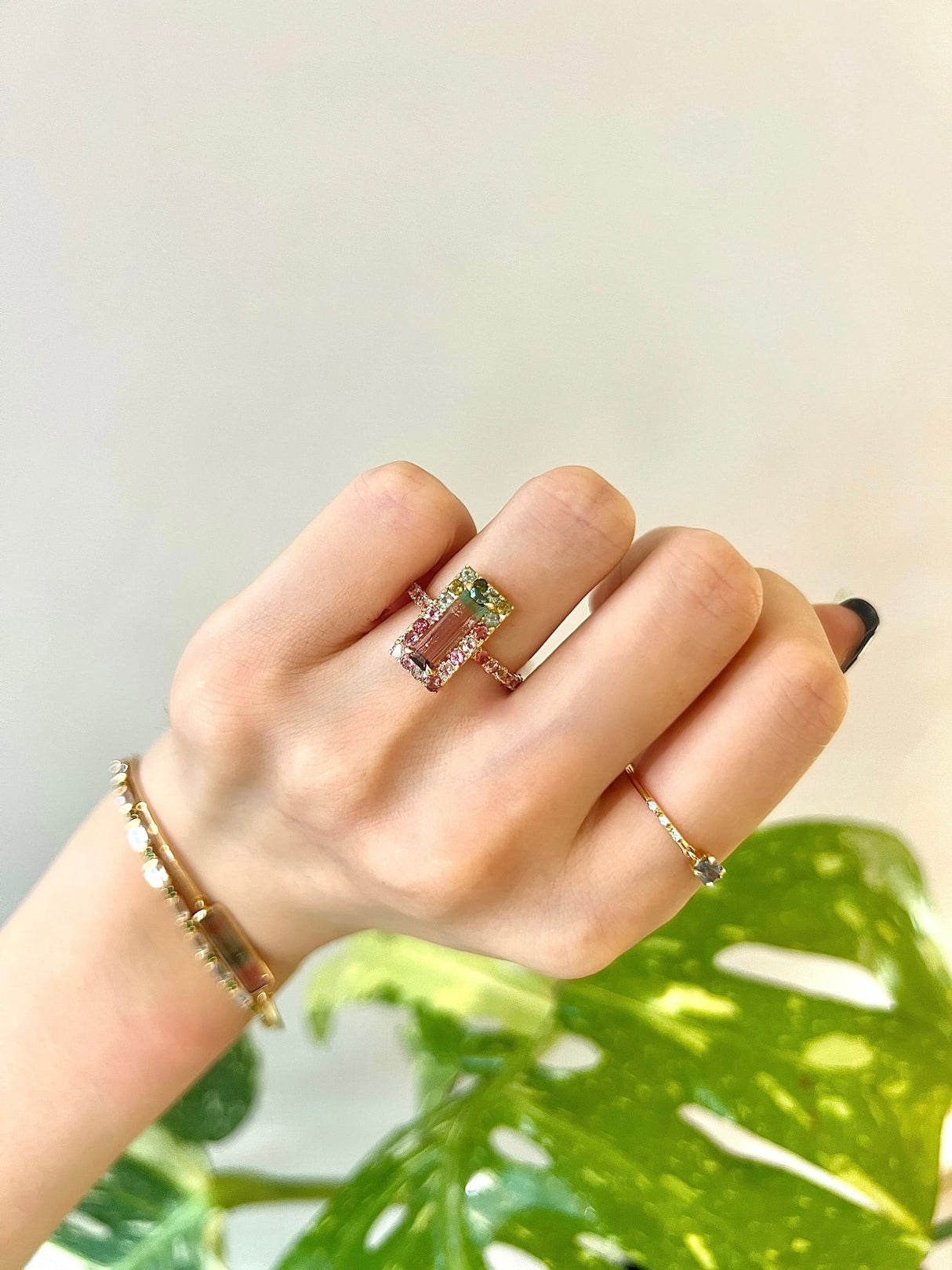 Watermelon Tourmaline Candy Ring 18k gold engagement ring on model