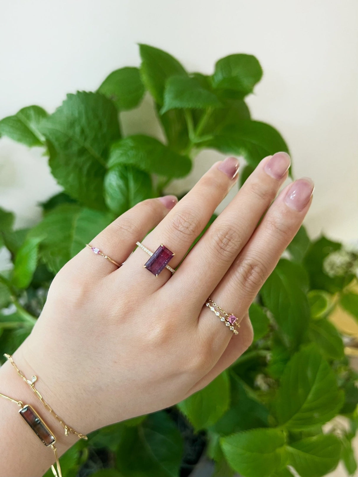 Watermelon Tourmaline & Diamond Ring 18k gold engagement ring on model 2