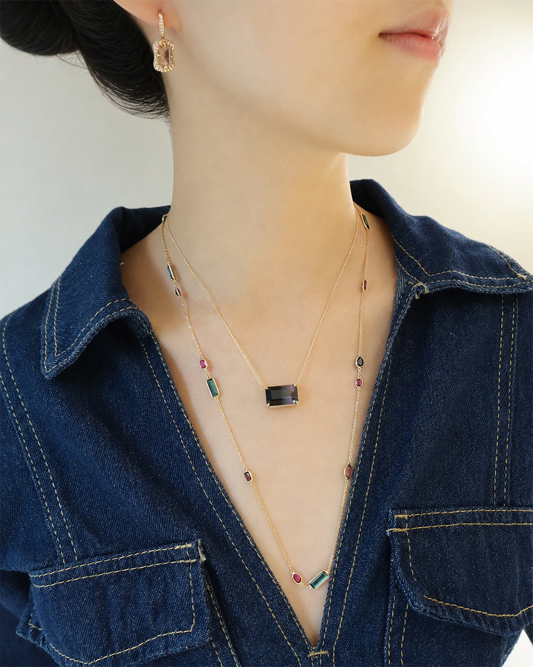 Watermelon Tourmaline Pendant Necklace(drak color) 18K gold handmade fine jewelry on model 2