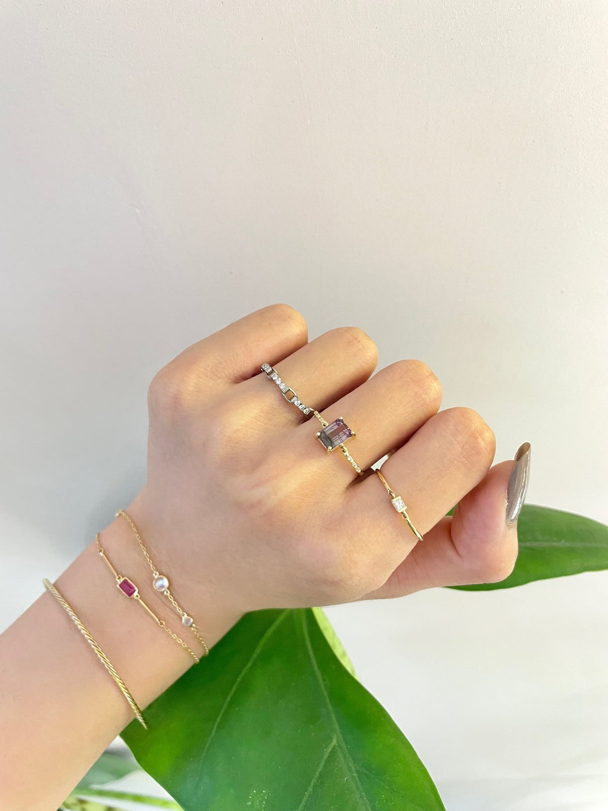 Watermelon Tourmaline Petite Diamond Ring 14k gold stackable ring on model