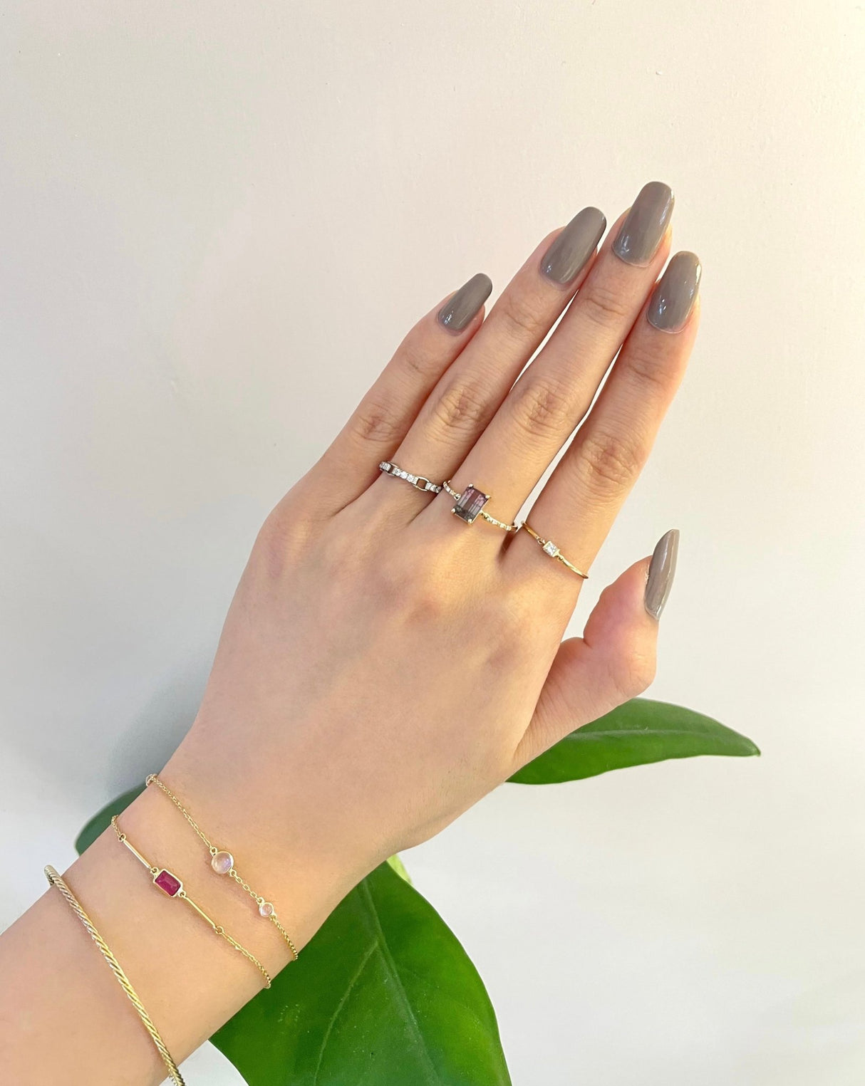 Watermelon Tourmaline Petite Diamond Ring 14k gold stackable ring on model 2