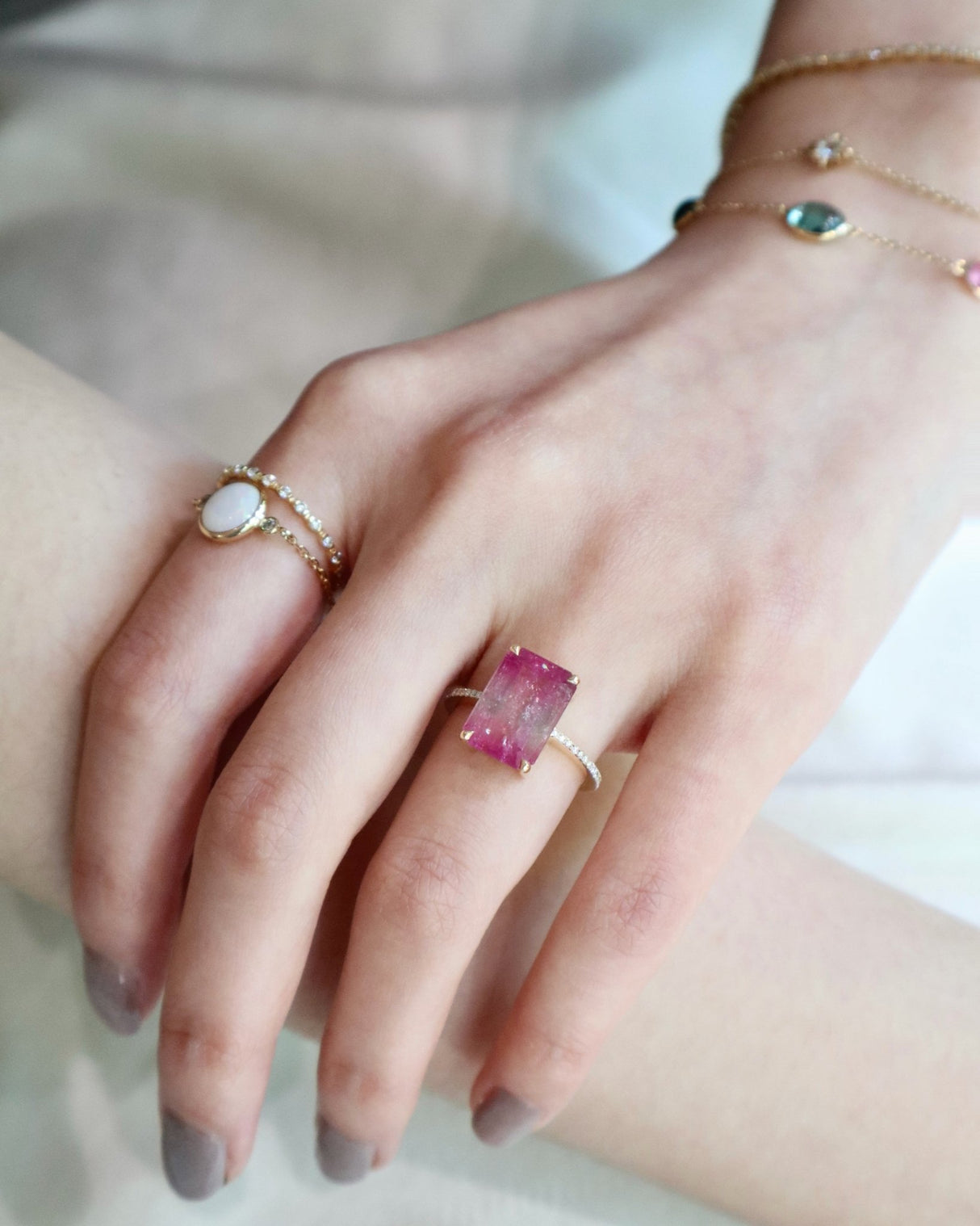 Barbie Pink Watermelon Tourmaline & White Diamond Ring
