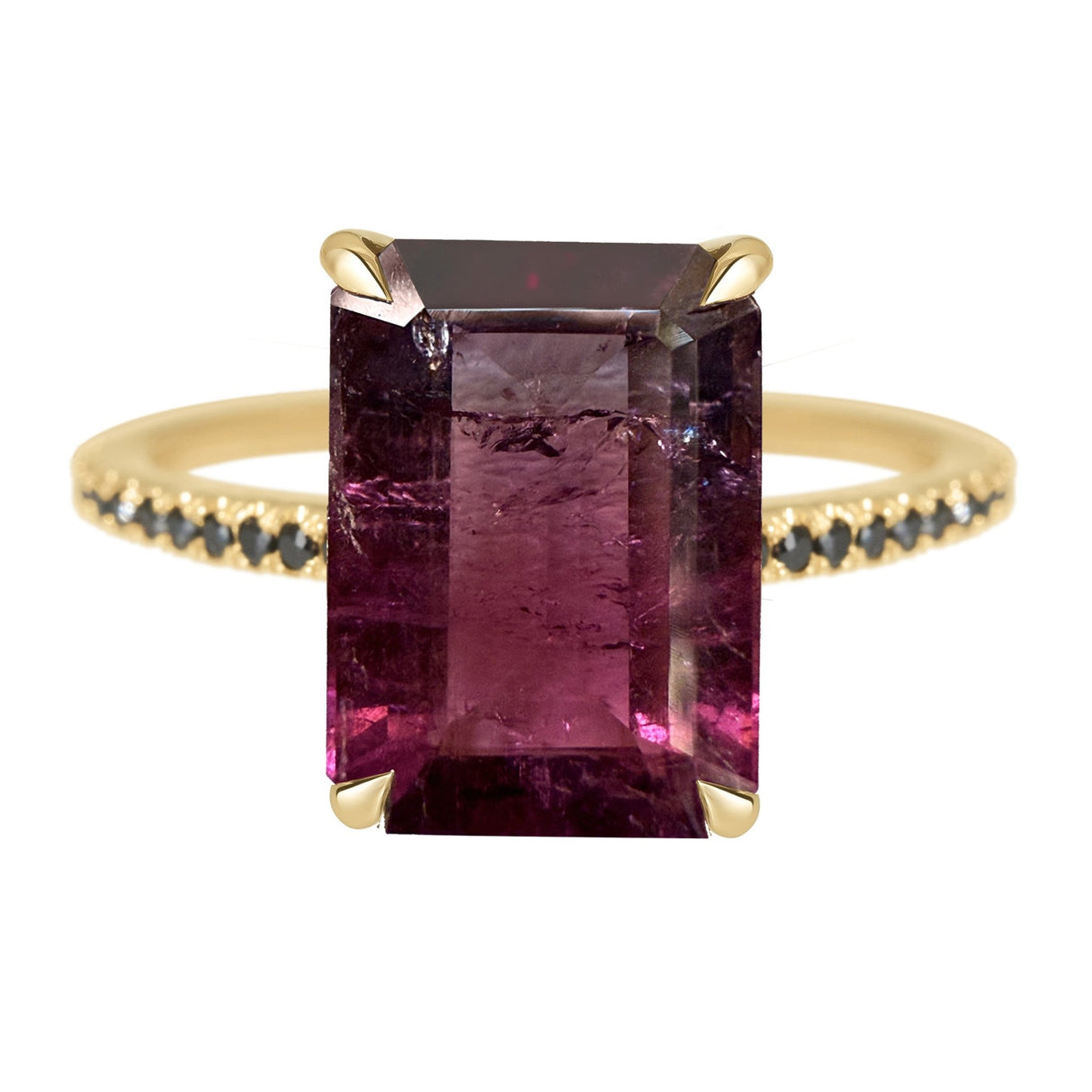 Gold ring with a large rectangular purple gemstone on a white background