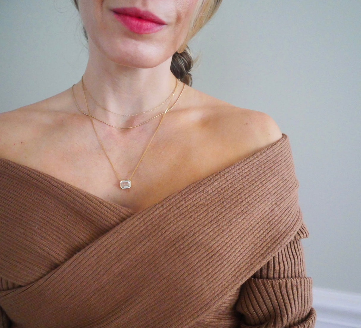 White Topaz Leya Necklace 18k gold handmade fine jewelry on model 4