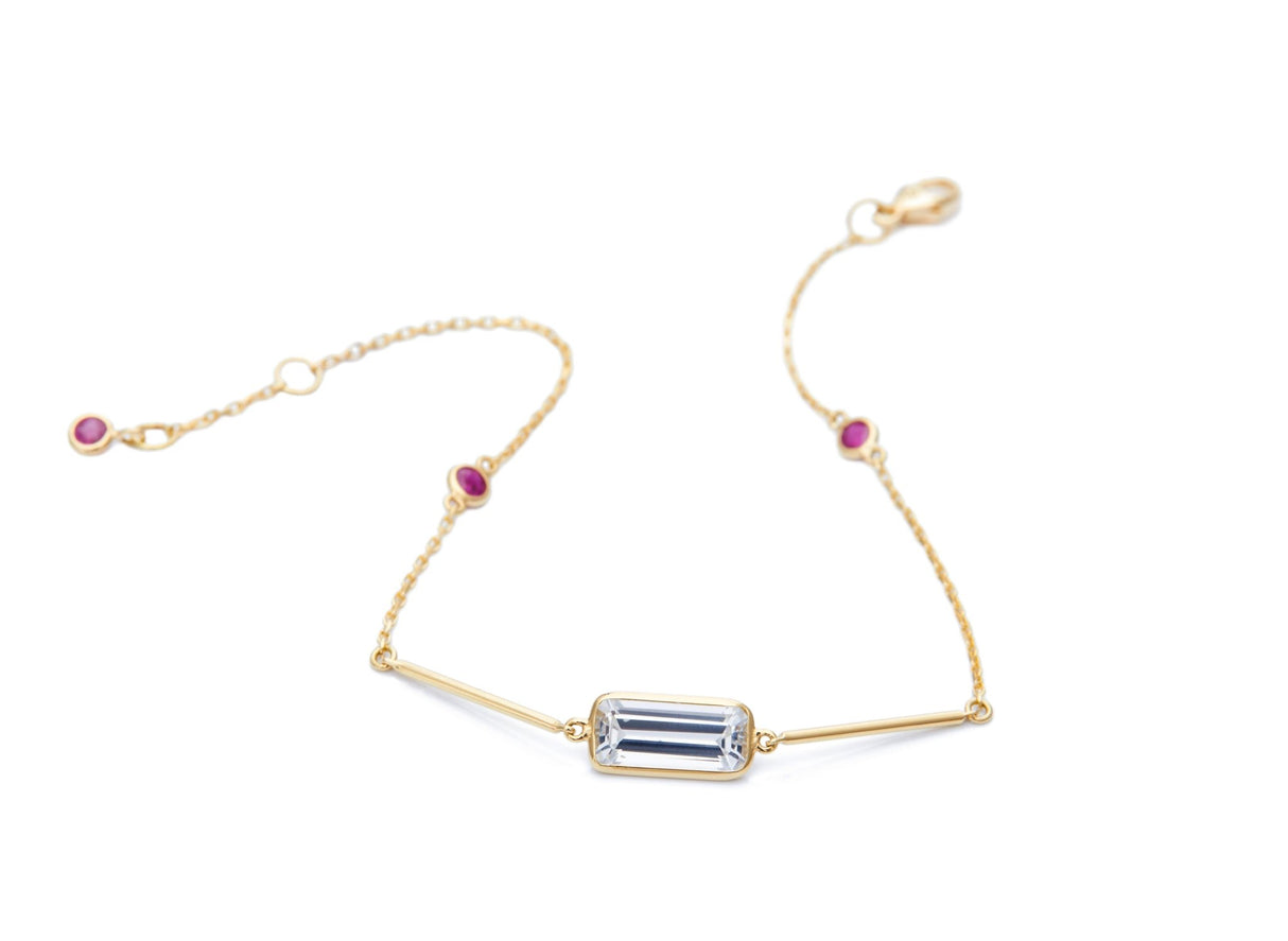 White Topaz & Ruby Bar Bracelet 18k gold stackable design 3