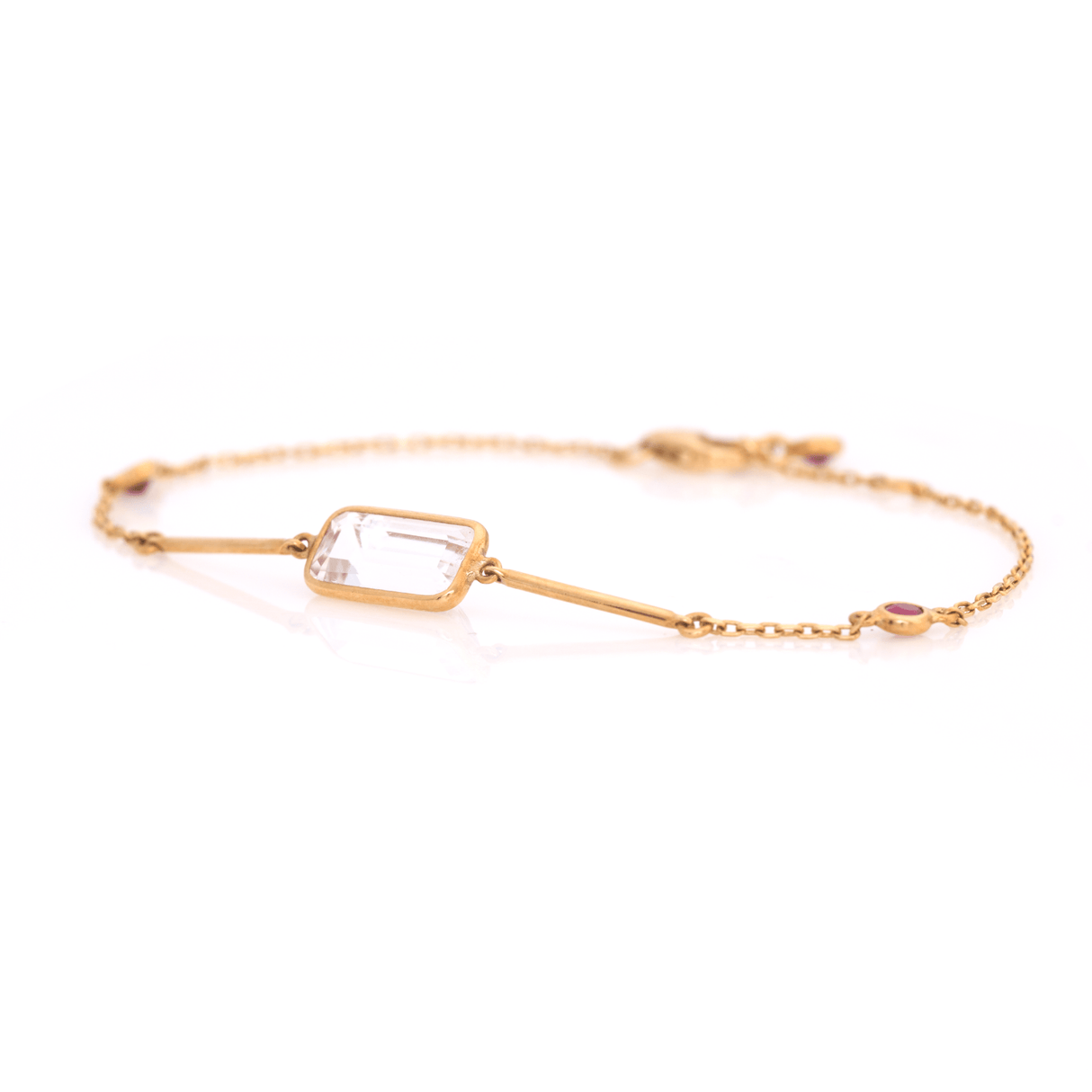 White Topaz & Ruby Bar Bracelet 18k gold stackable design side view