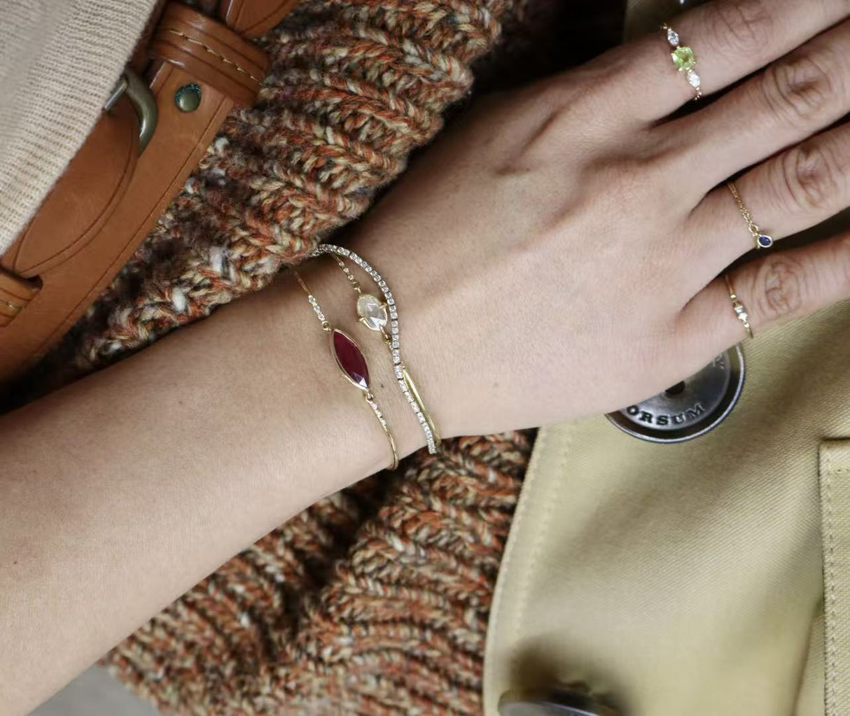 Yellow Chrysoberyl & Diamond Dream Weaver Chain Ring 18K Gold Stackable Ring on Model 2