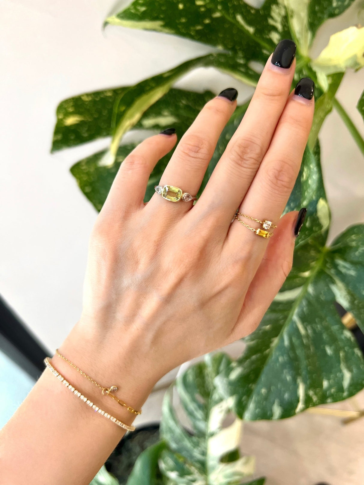 Yellow Chrysoberyl & Rose Cut Diamond Ring 18k gold engagement ring on model