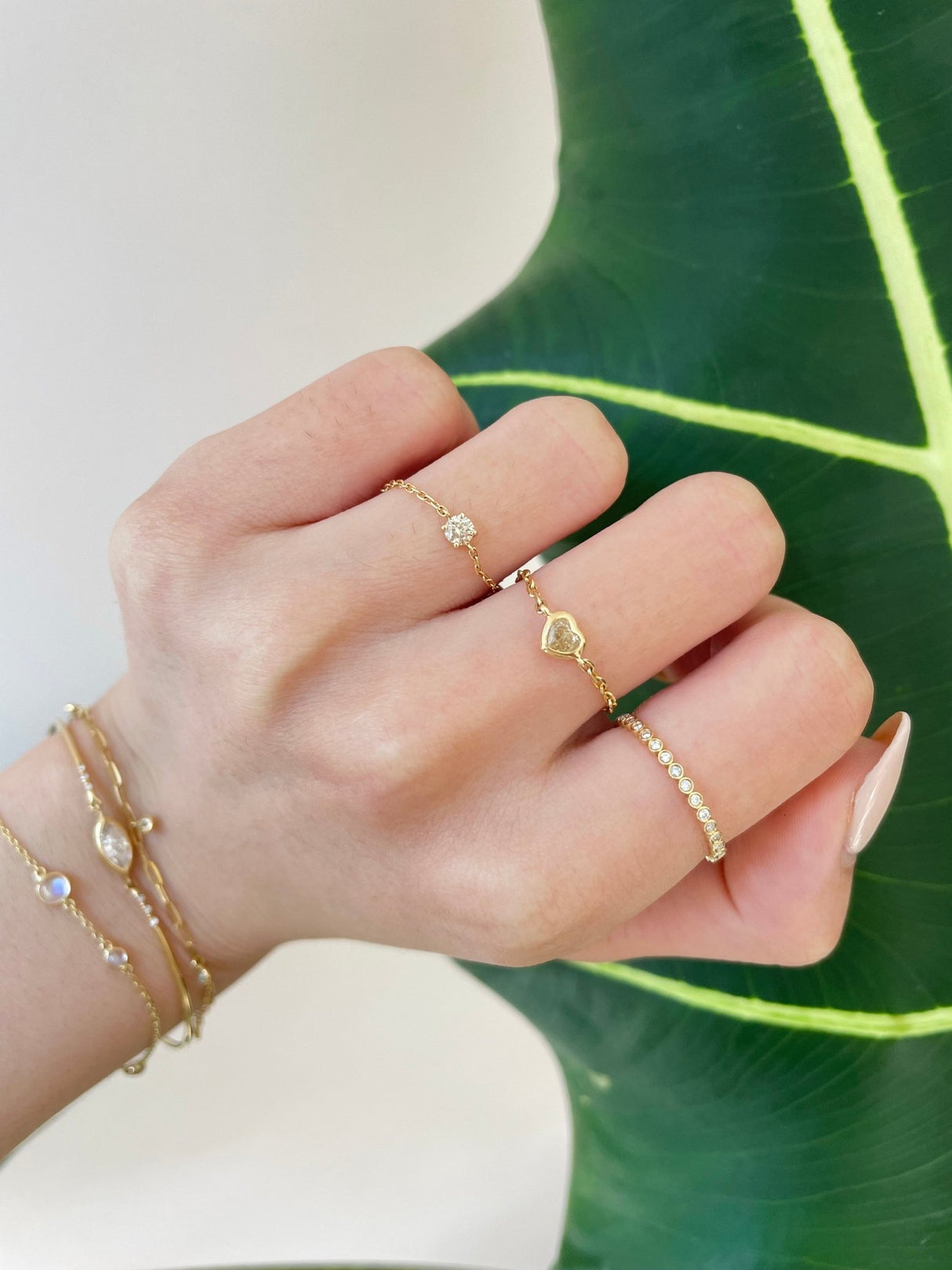 Yellow Diamond Heart Chain Ring 18k gold Stackable ring on model