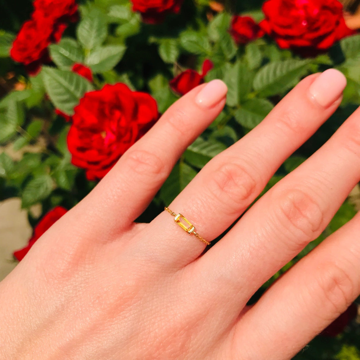 Yellow sapphire baguette chain ring 14k gold Stackable ring on model