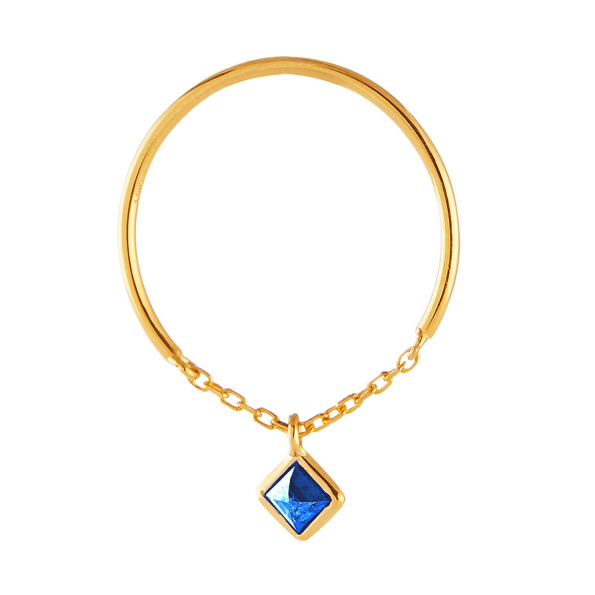 A silver ring with 14k gold plating, featuring a square blue sapphire gemstone hanging from a chain.